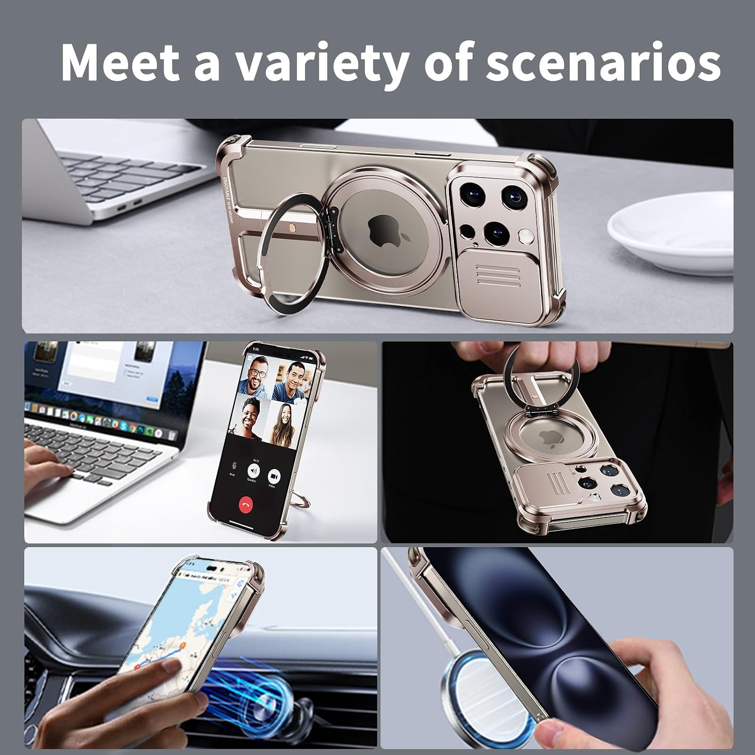 for iPhone 16 Pro Max Phone Case with Slide Camera Cover,360° Rotatable Magnetic Ring Kickstand,Metal Frameless Military Grade Drop Protection Shockproof Cases,Desert Titanium