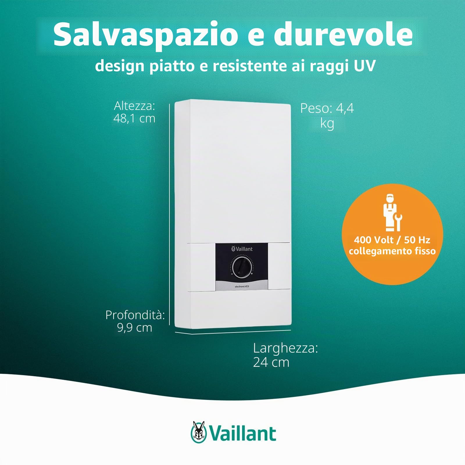 Vaillant 0010023779 - Scaldabagno elettronico electronicVED, VED E 24/8, 24 kW, resistente alla pressione, display digitale, temperatura di uscita precisa, regolazione continua, colore: bianco