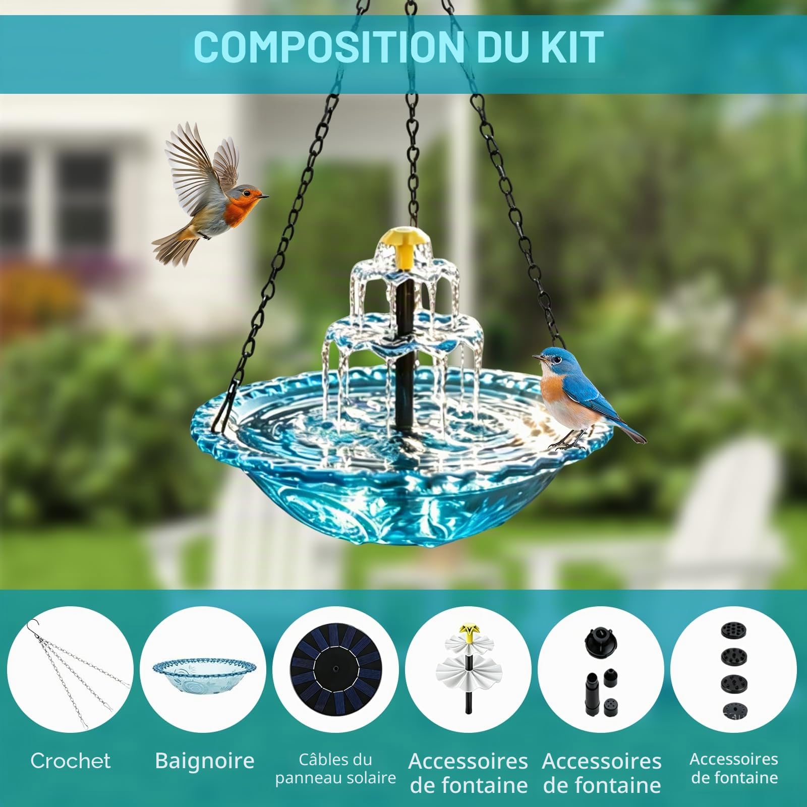 2026 Nouveau bain d'oiseaux solaire avec fontaine à suspendre, bain d'oiseaux pour l'extérieur à suspendre, grands bains d'oiseaux avec fontaine pour colibris, avec pompe solaire et bol en verre, pour