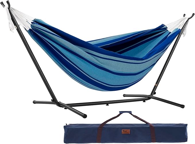 Vivere Double Cotton Hammock with Space Saving Steel Stand, Upgraded Polyester End Strings 450 lb Capacity - Premium Carry Bag Included - (Island Breeze)