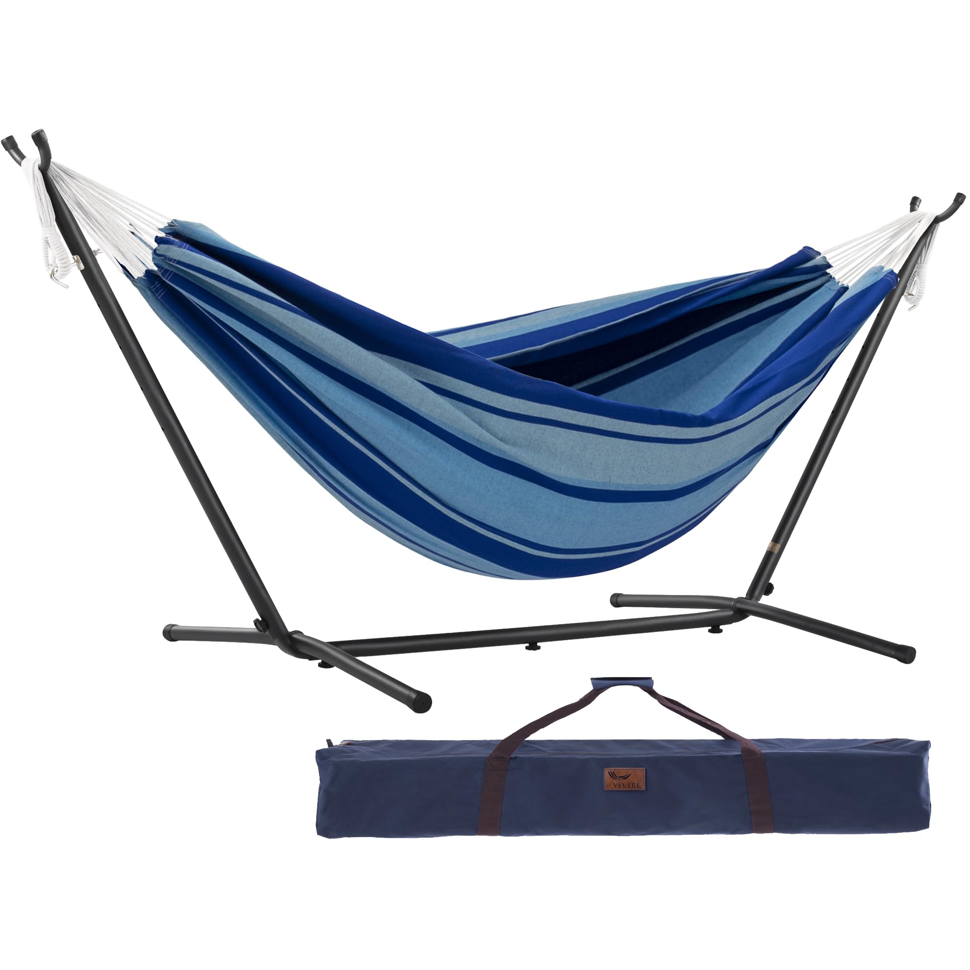 Vivere C9MESH-40 Blue/Orange Mesh Double Hammock with Space Saving Steel Stand