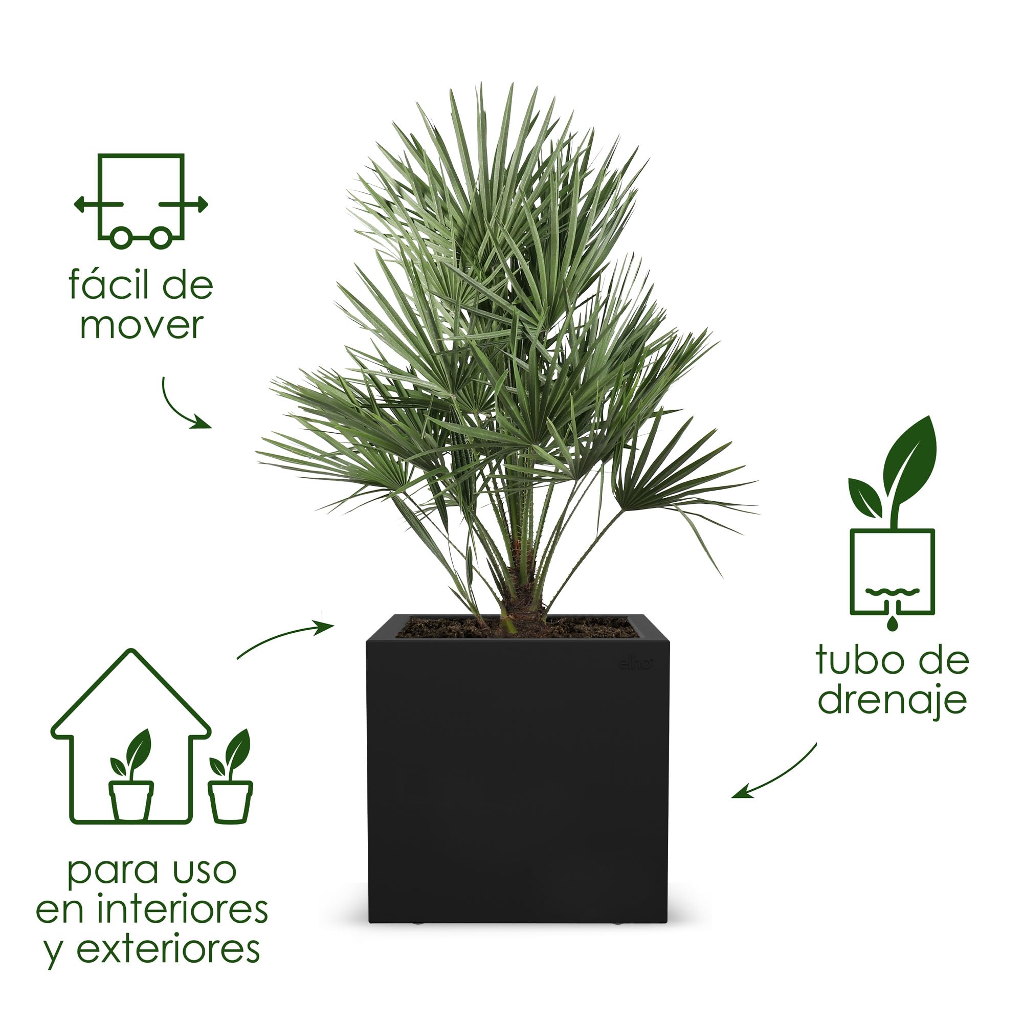 Elho Vivo Next Square 30 - Jardinera por Interior y Exterior - Ø 29.5 x H 29.5 cm - Living Black | 29,5 x 29,5 x 29,5 cm (largo x ancho x alto). Apto para uso en interiores y exteriores. Plástico 100% reciclado