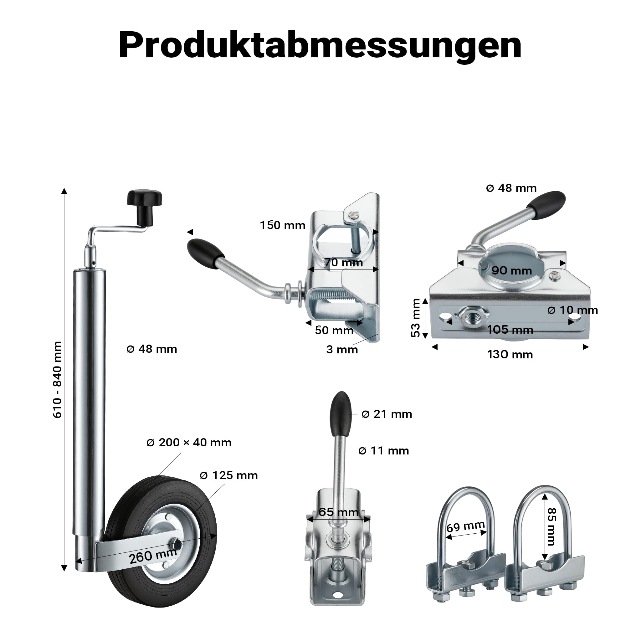 Wiltec Stützrad für Anhänger bis 362 kg ø48 mm, Bugrad mit Klemmhalter