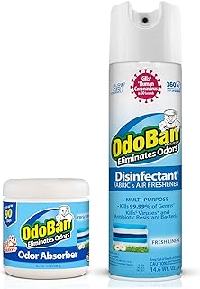 OdoBan Ready-to-Use Disinfectant and Harsh Smell Eliminator, Air and Pet Aroma Freshener and Purifier, Set of 2, 14.6 Ounce 360-Degree Continuous Spray and 14 Ounce Scent Absorber, Fresh Linen Scent