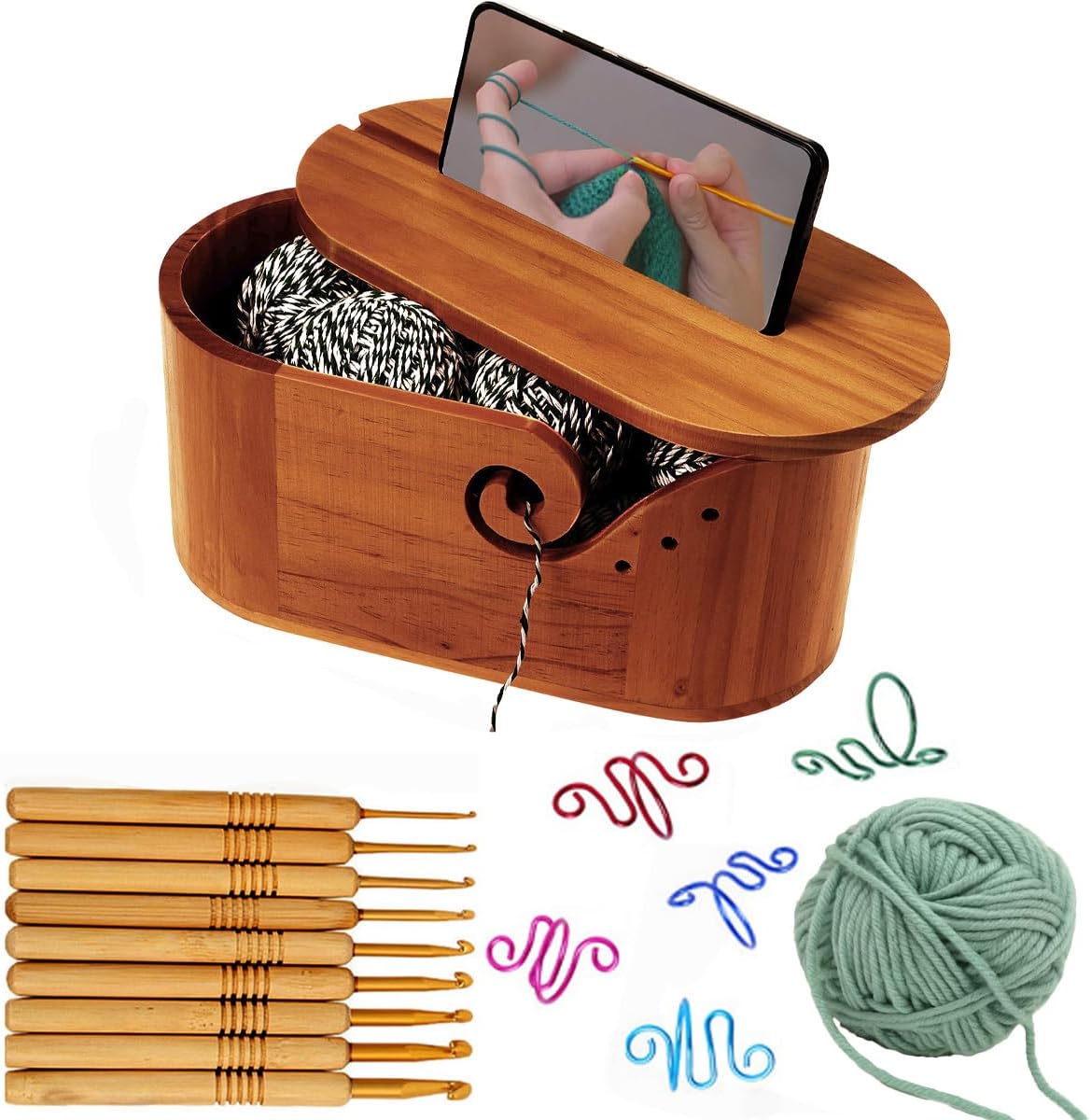 Christmas Gift Wooden Yarn Bowls with Lid , Portable Crochet Bowls with 9 Knitting Crochet Hooks, 5 Hooks, Yarn Ball, Complete Set for Beginners, Enthusiasts,Gift