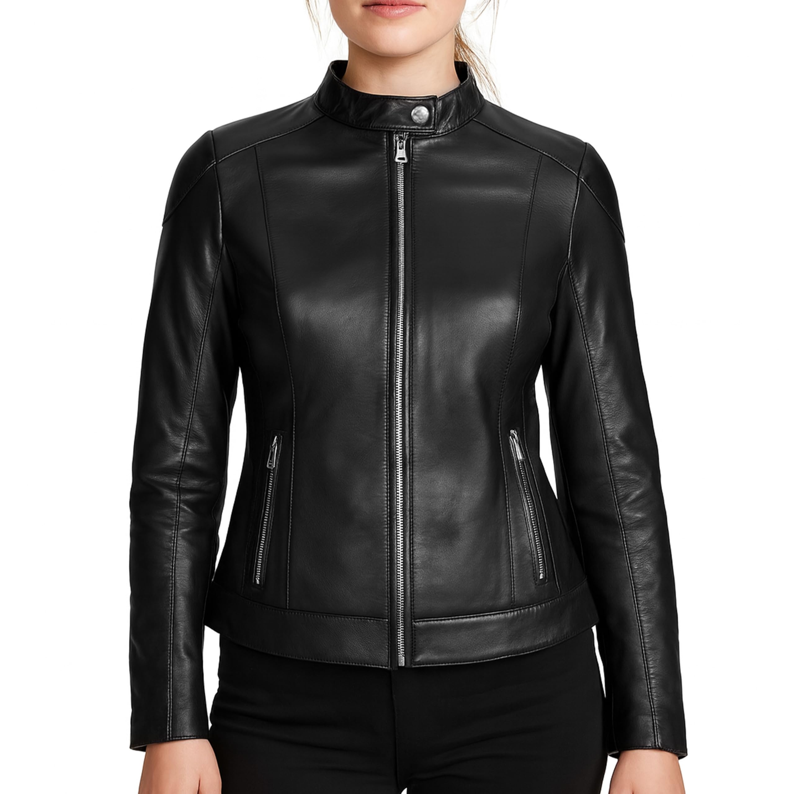 Leatherick Giacca da donna in pelle di agnello premium nera liscia con design testurizzato inciso al laser e chiusura frontale con cerniera