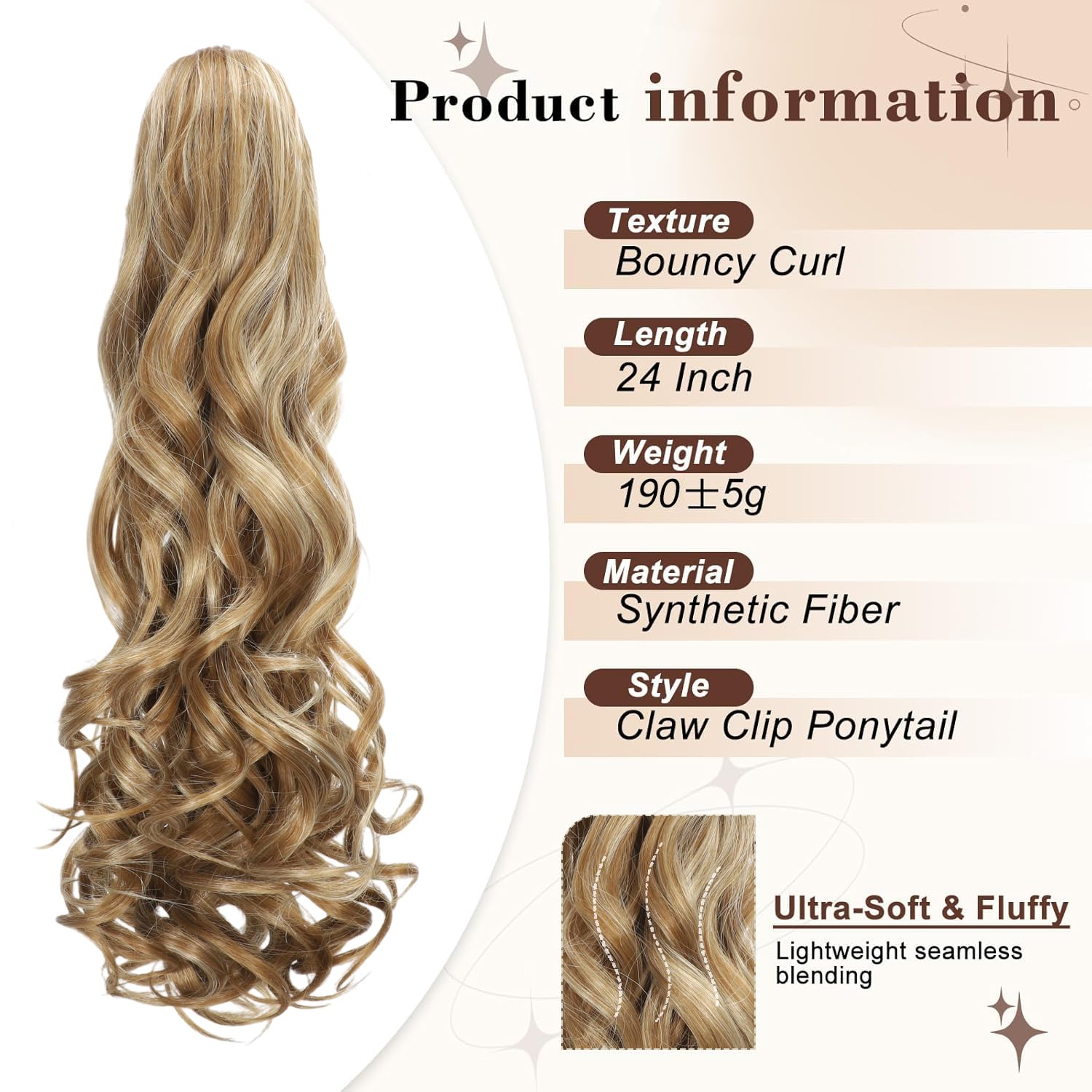 Ponytail Extension 24 Inch Long Curly Wavy Claw Clip in Ponytail Hair Extensions for Women 190g Synthetic Claw Pony Tail Hair Pieces for Women (Medium Blonde with Blonde Highlights# - Image 2