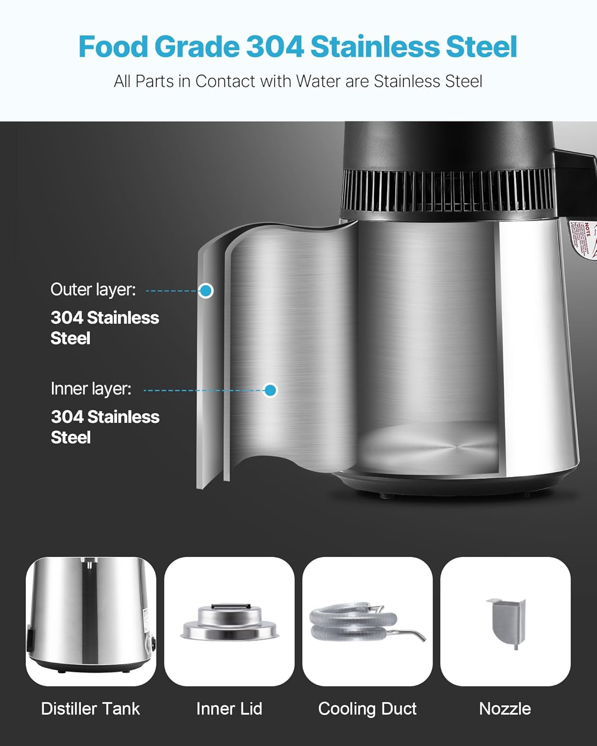 VEVOR Water Distiller, 6L/1.6 Gallon Larger Water Distilled Machine, 900W Distilling Water Maker with Glass Carafe, 0-99H Timing Set, Time & Temp Display, 304 Stainless Steel Water Stiller, Silver