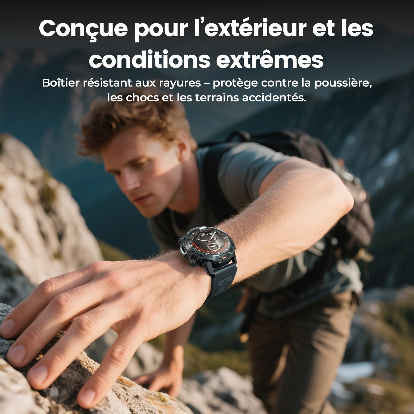 WalkerFit Montre Connectée Homme Outdoor, 1,43'' AMOLED Lisible au Soleil, Étanche 5ATM, Appels Bluetooth, Autonomie 60 Jours, Boussole, 170+ Modes Sport, Smartwatch Android/iOS (Noir)
