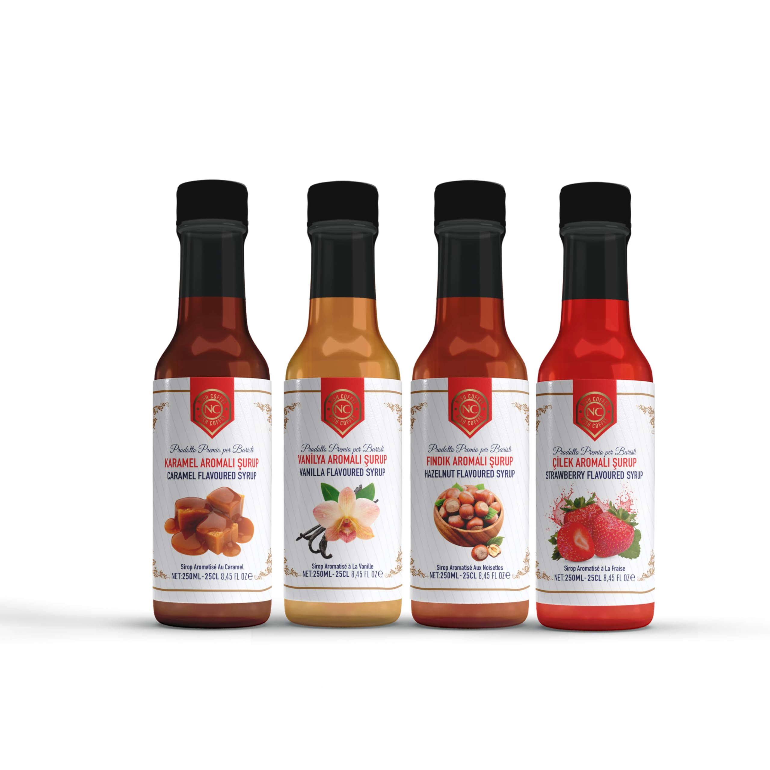 Nish Kahve Karamel, Vanilya, Fındık, Çilek Aromalı Şurup 4'lü Set 4x250 Mililitre