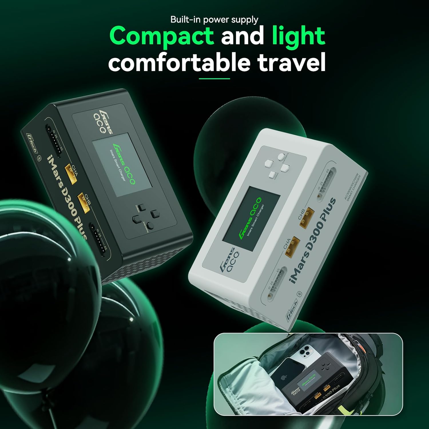 Gens ace iMars D300 Plus charger being carried in a bag, highlighting its compact and lightweight design.