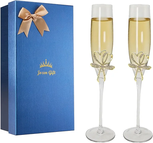 Jozen Gift Gold Champagne Flutes - Set of 2 Hand Blown Champagne Glasses wtih Metal Accent- Gifts for Birthday,Wedding, Mother’s Day - 6 oz (Modern, Gold)