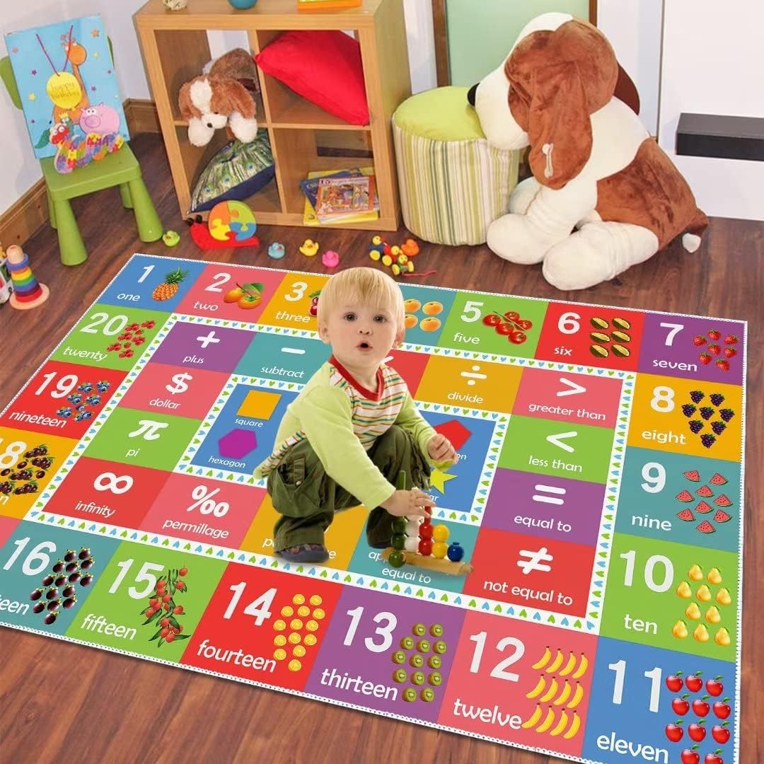 Numbers, Math Symbols and Shapes Educational Learning Area Rug, Fruit Recognition and Counting Game Rug Carpet, Kids Bedroom Classroom Playroom Mat for Boys & Girls(80x120cm/31x47in)