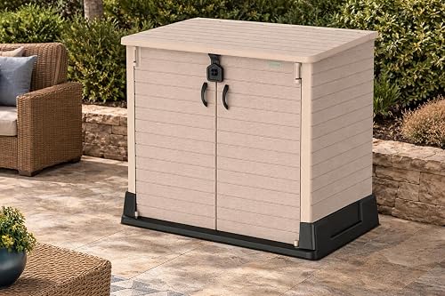 Duramax Cedargrain StoreAway 850L Plastic Garden Storage Shed - Outdoor Storage Shed, Wheelie bin box, Durable Construction, Ideal for Tools, BBQs & 2x 120L Garbage Bins, 130x74x110 cm, Warm Taupe - 3