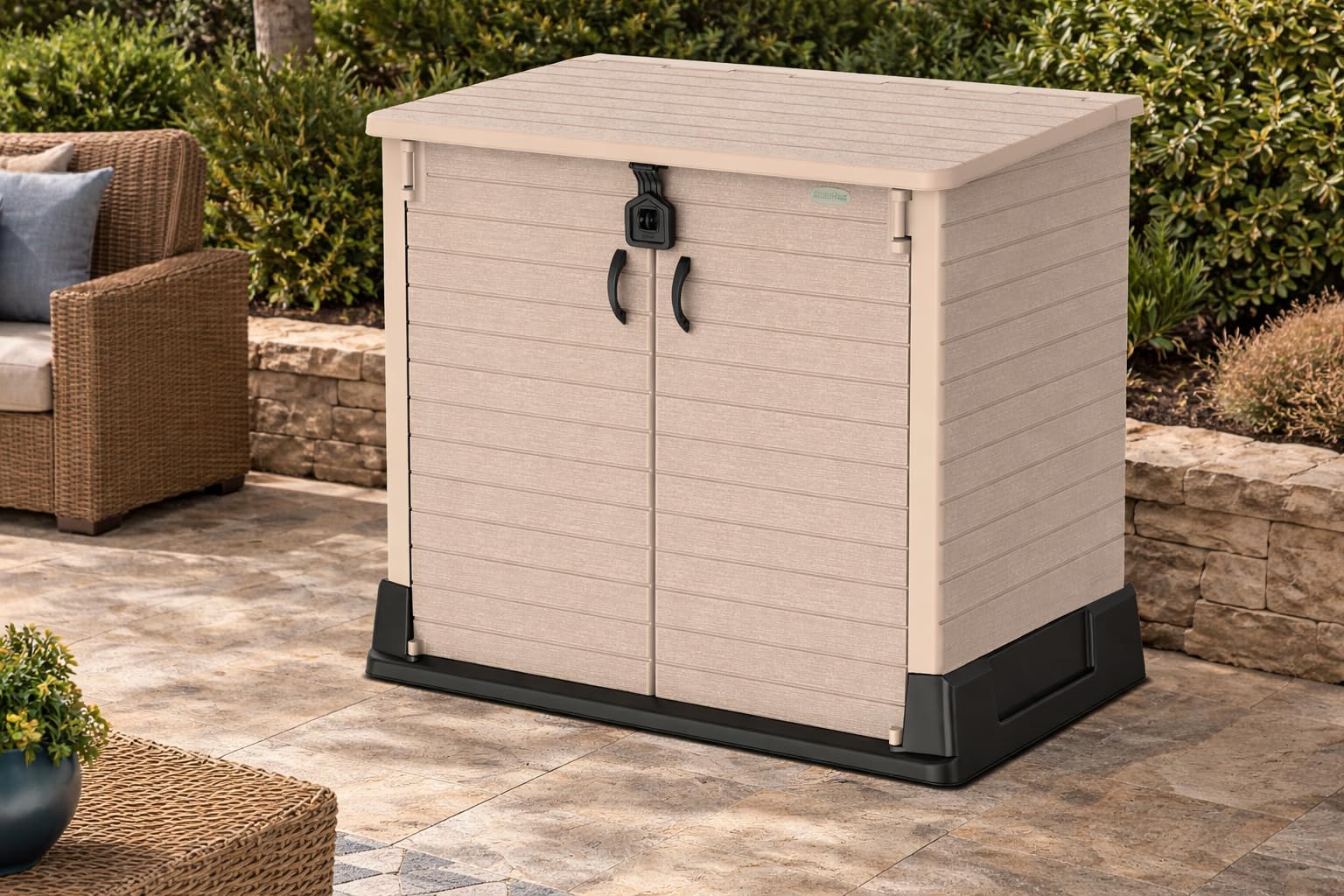 Duramax StoreAway 850L Plastic Garden Shed, Outdoor Storage Shed, Wheelie bin box, Wheelie Bin Hideaways, Durable Construction, Ideal for Tools, BBQs & 2x Garbage Bins, 130x74x110 cm, Warm Taupe