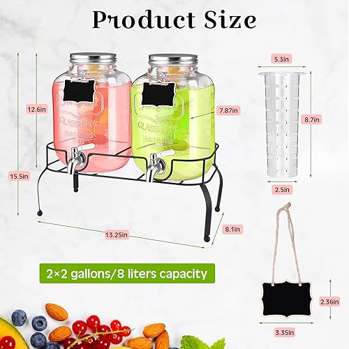 Miniatura 2 de Lallisa 2 dispensadores de bebidas de vidrio de 2 galones con soporte, cilindro de hielo, letreros de pizarra colgante de acero inoxidable 188,