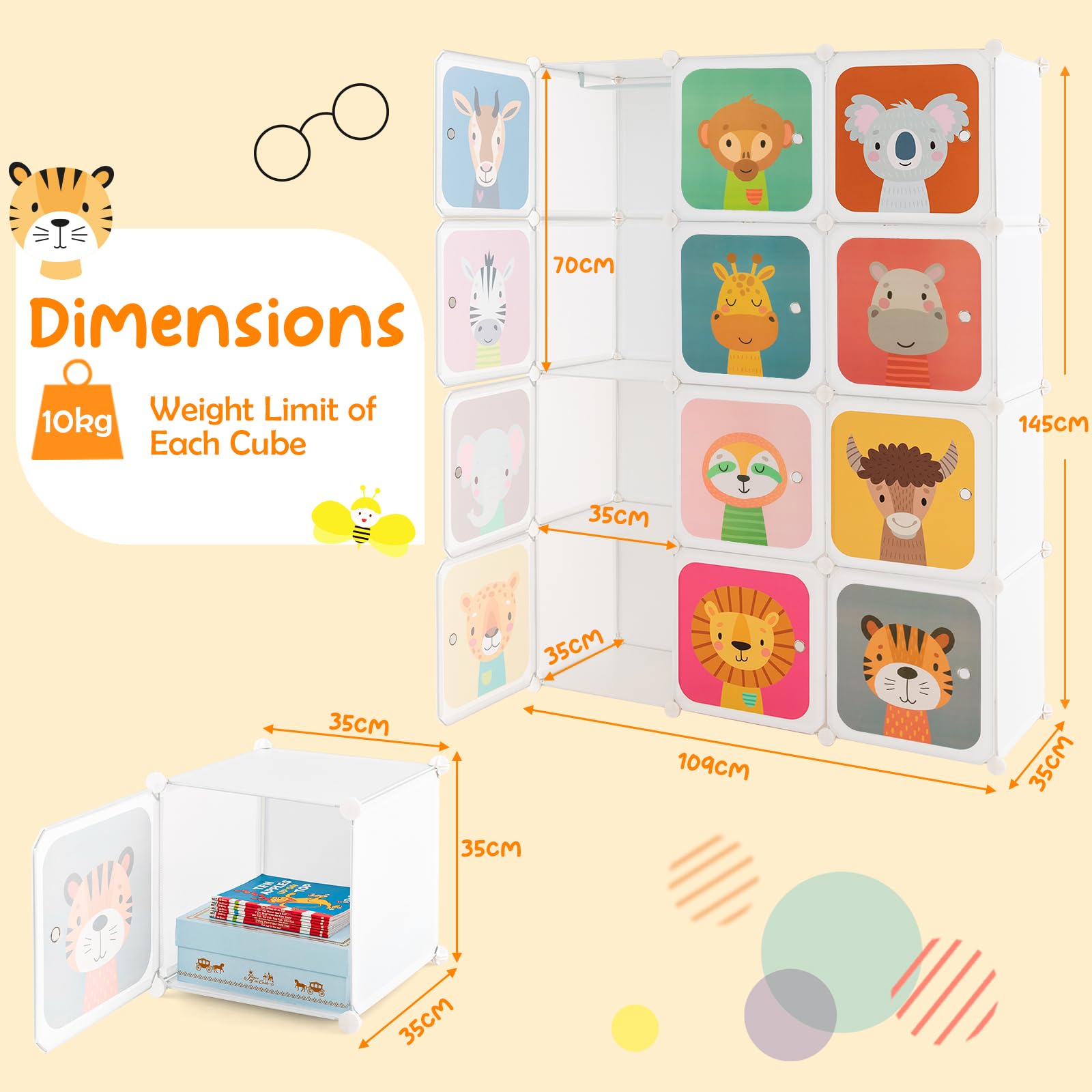 FANTASK Kinder Kleiderschrank, Modularer Kunststoffschrank mit 12 Würfeln, Aufbewahrungsregal mit Türen & Aufhänger, Kleiderschränke für Kinderzimmer Schlafzimmer (Weiß, 12 Würfel)