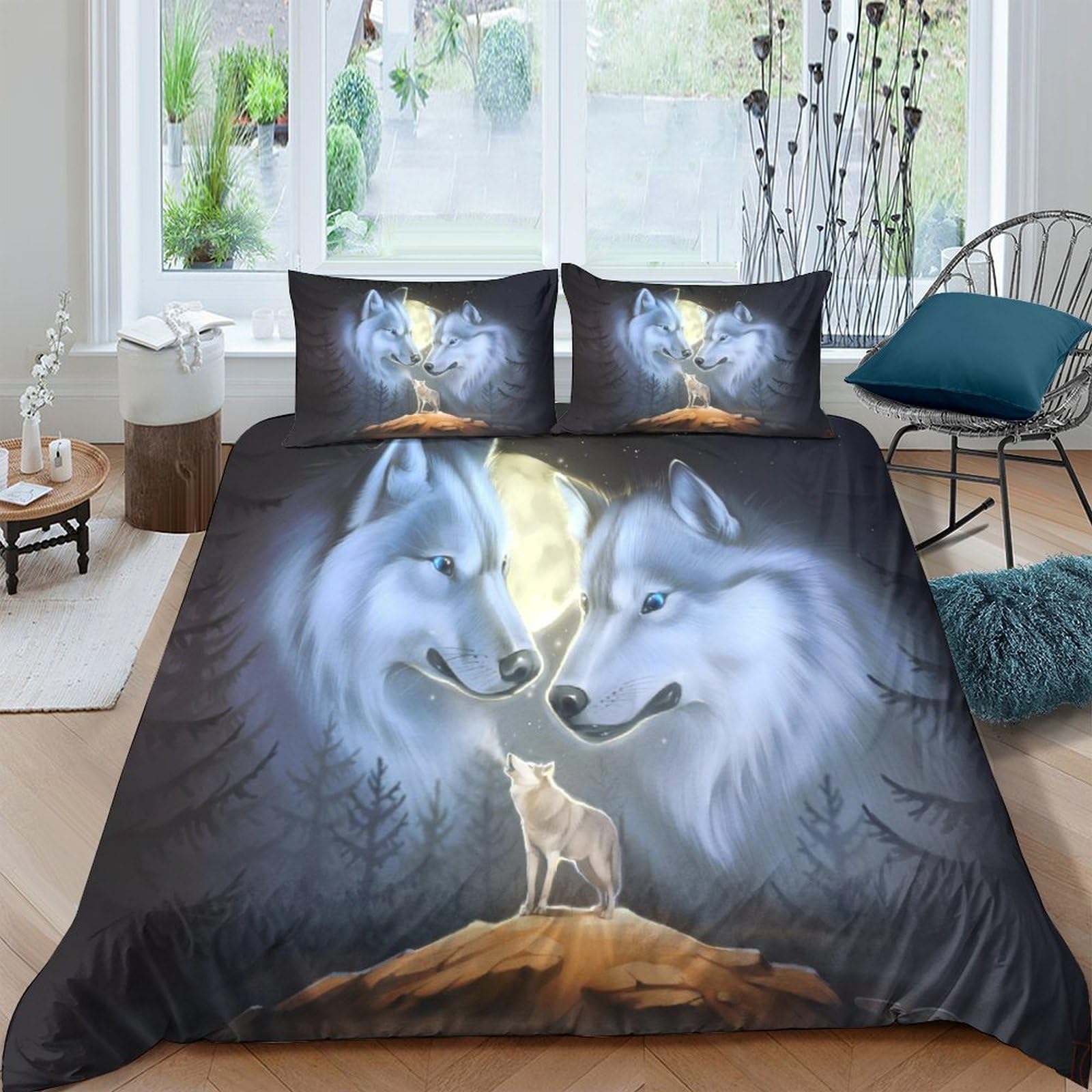 Housse de couette loup 3D imprimé hibou parure de lit 3 pièces microfibre 200x200