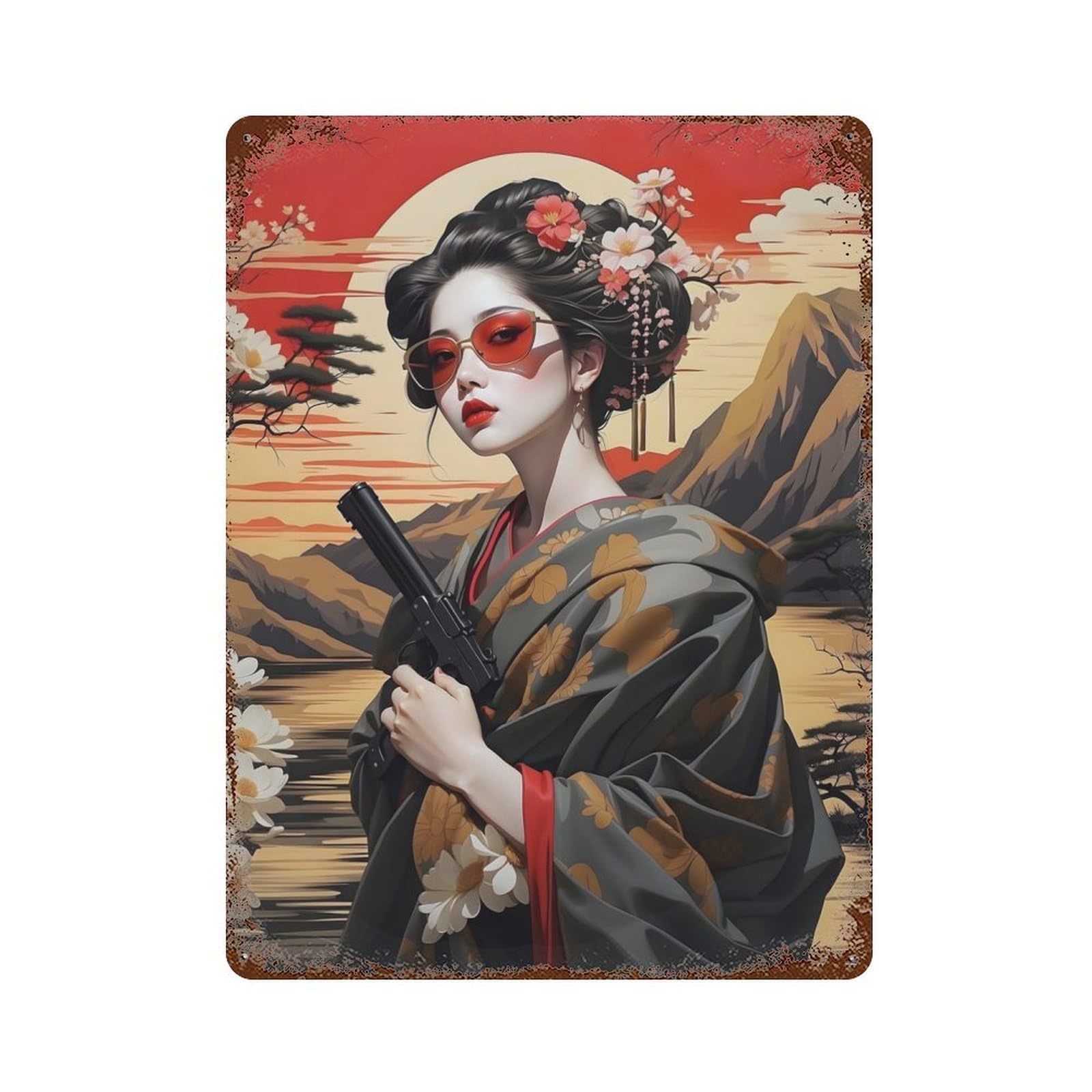 Japan Geisha Gun Decorative Tin Sign 15.7"x11.8", for Bistro, Counter And Cafe Decor, Retro Wall Decor