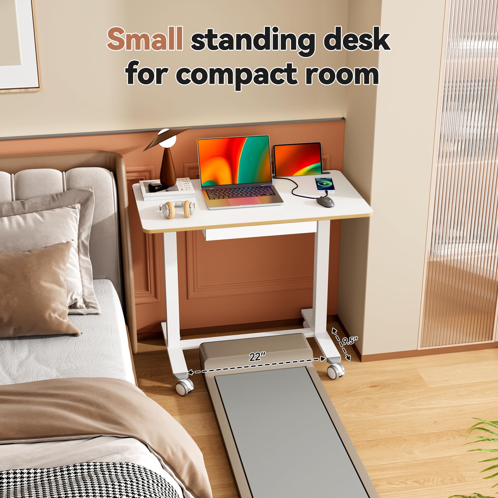 Mobile Standing Desk 35inch Small Rolling Table with Drawer Height Adjustable Sit Stand Workstation White Portable Laptop Cart — view 8