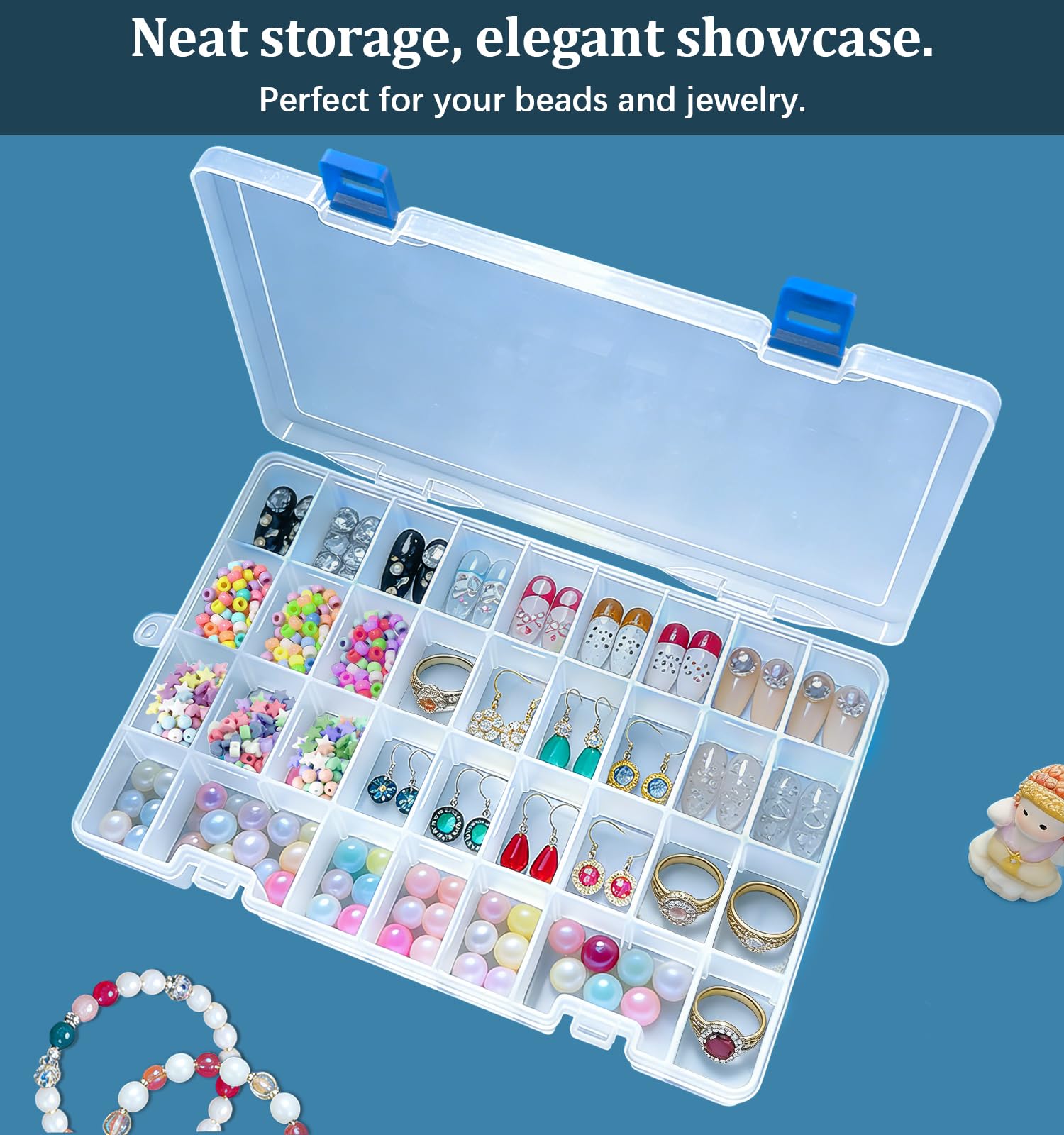 Qualsen Lot de 4 boîtes à compartiments en plastique avec séparateurs réglables Transparent 34 compartiments