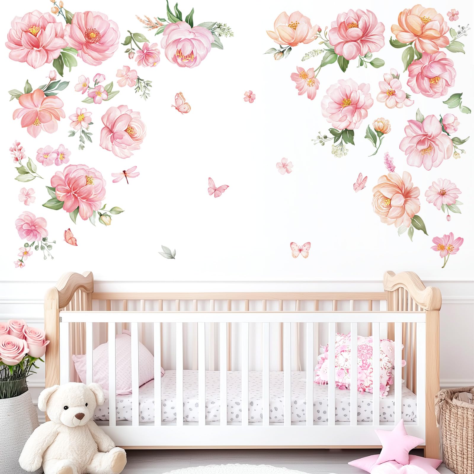 decalmile Pink Peony Flower Wall Stickers Watercolor Floral Wall Decals Baby Nursery Girls Bedroom Living Room Wall Decor - Image 3