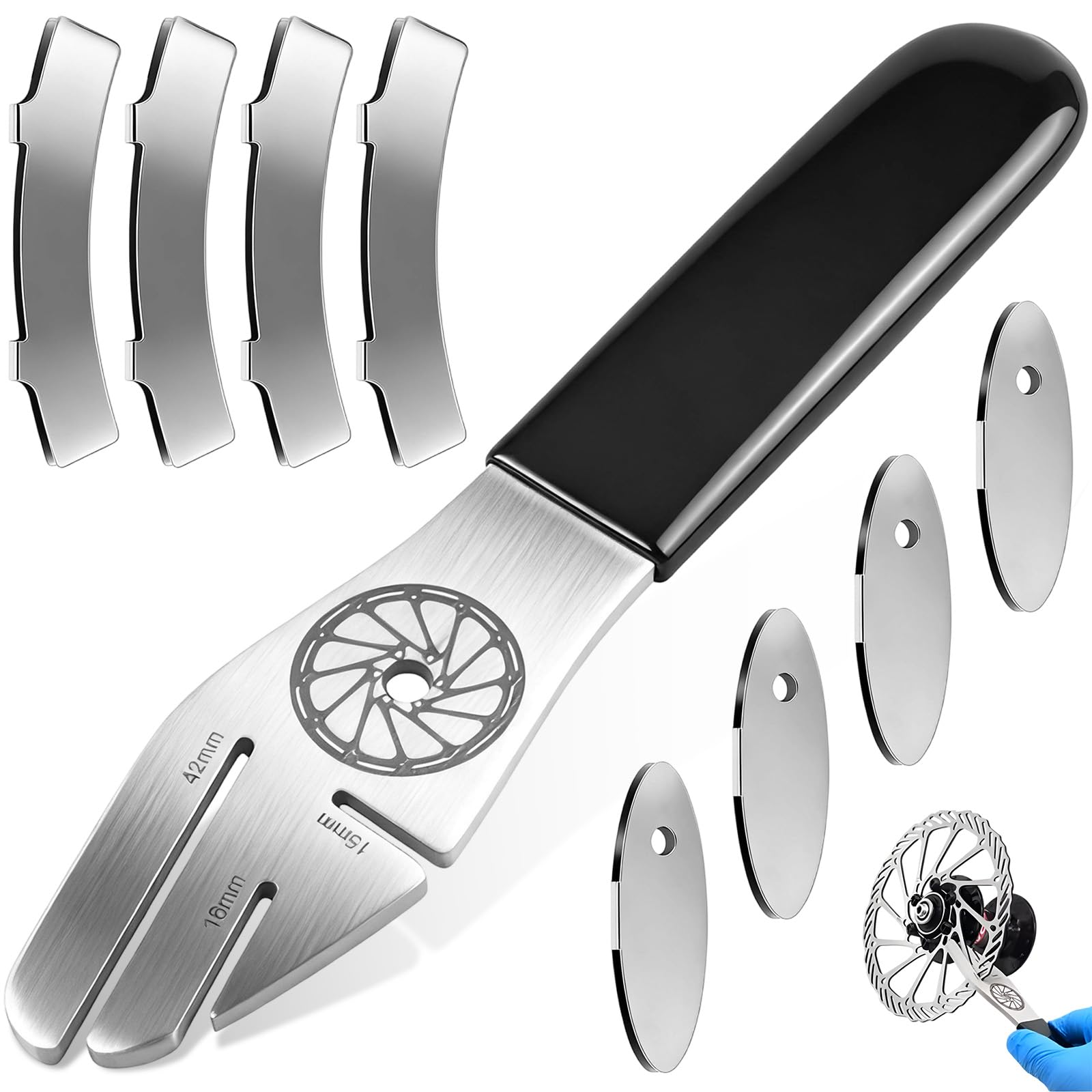 Bike Disc Brake Rotor Alignment Tool Kit with 1pc Wrench+4 Oval Adjustment Shims+4 Curved Adjustment Shims for Mountain & Road Bike Disc Brake Caliper Alignment, Fix Brake Rubbing, Precise Positioning