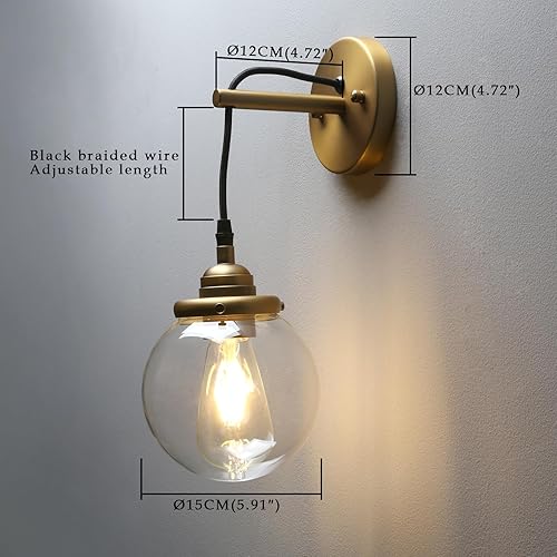 Miniatura 8 de Phansthy Aplique de pared de vidrio vintage, lámpara de pared de alambre colgante para interiores, lámpara de pared de globo de 5.9 pulgadas, cable