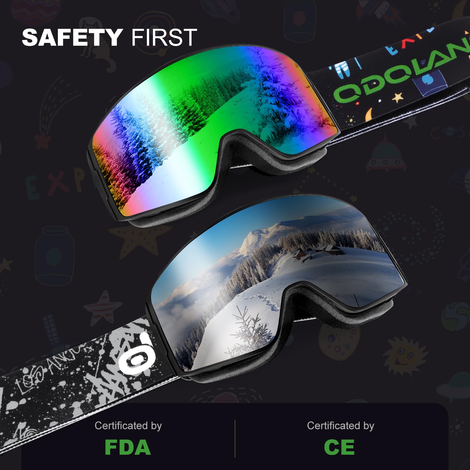 Odoland Occhiali da Sci per Bambini, Occhiali da Snowboard Cilindrici, Anti-appannamento, Anti-UV, Antivento a Vista Larga per Ragazzi e Ragazze, compatibili con Casco