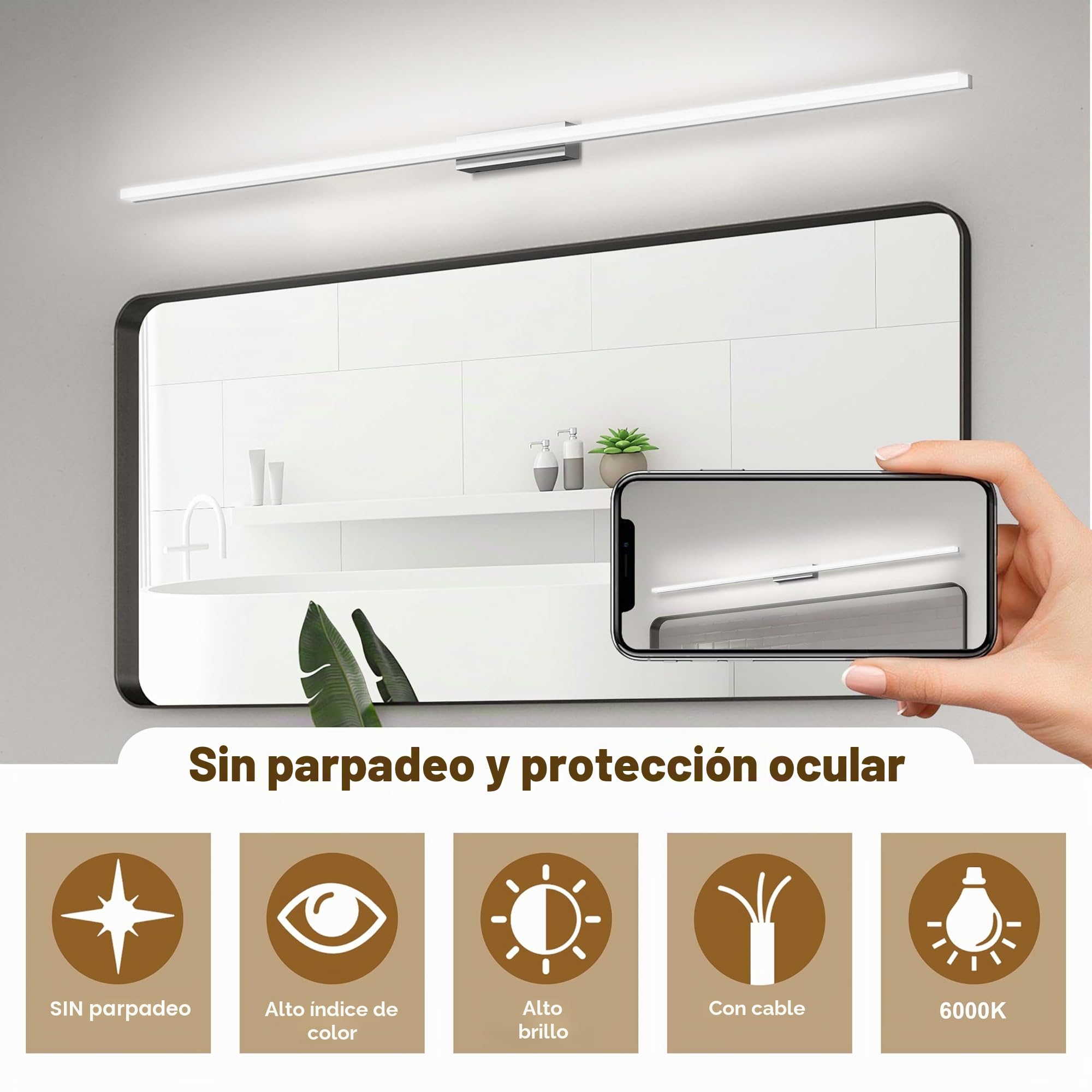 Led Aplique Espejo Baño, 150CM Luz Espejo Baño IP44 Blanco Frio 6000K Pared Luz, 36W Lampara Apliques de Para de Impermeable Plata