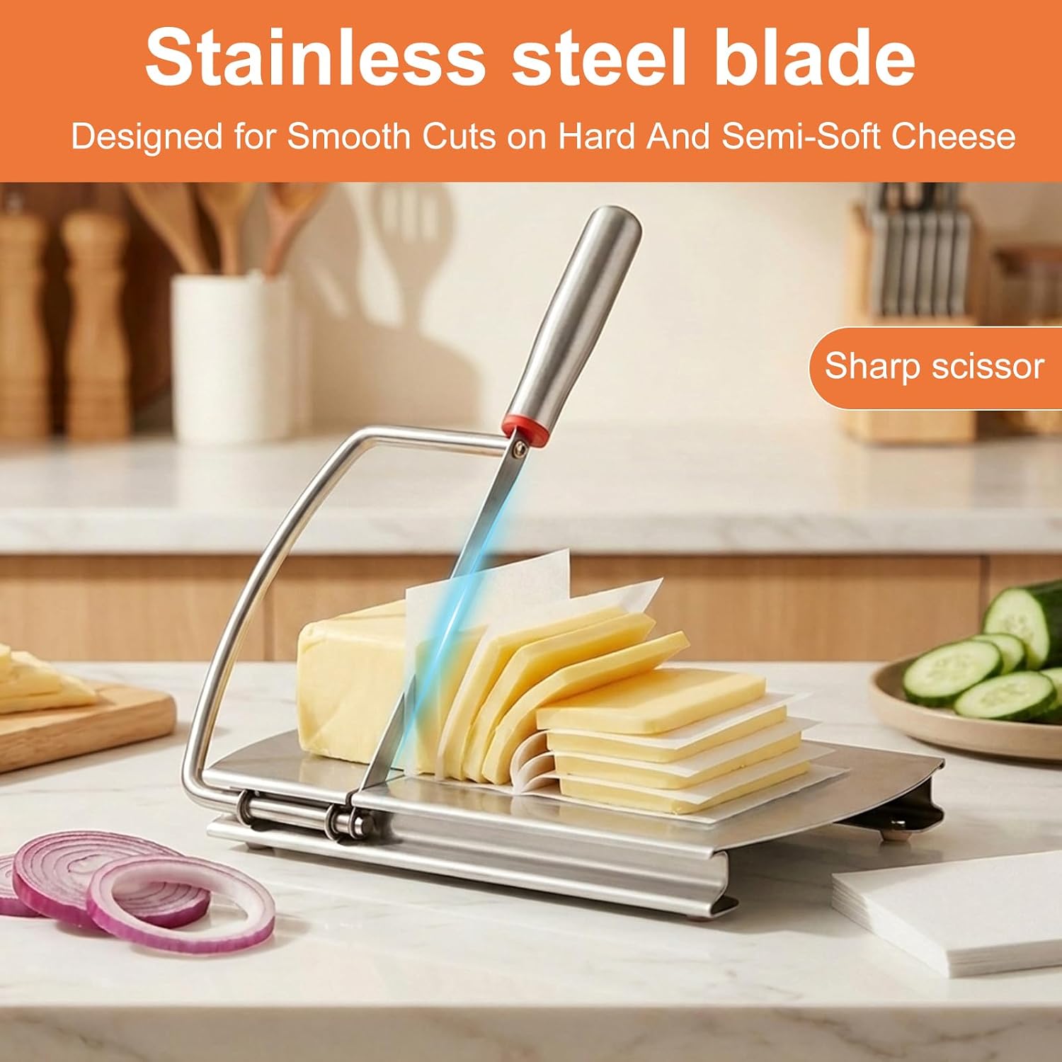 Cheese Slicer Cutter, Stainless Steel Cheese Cutter Board with Blade