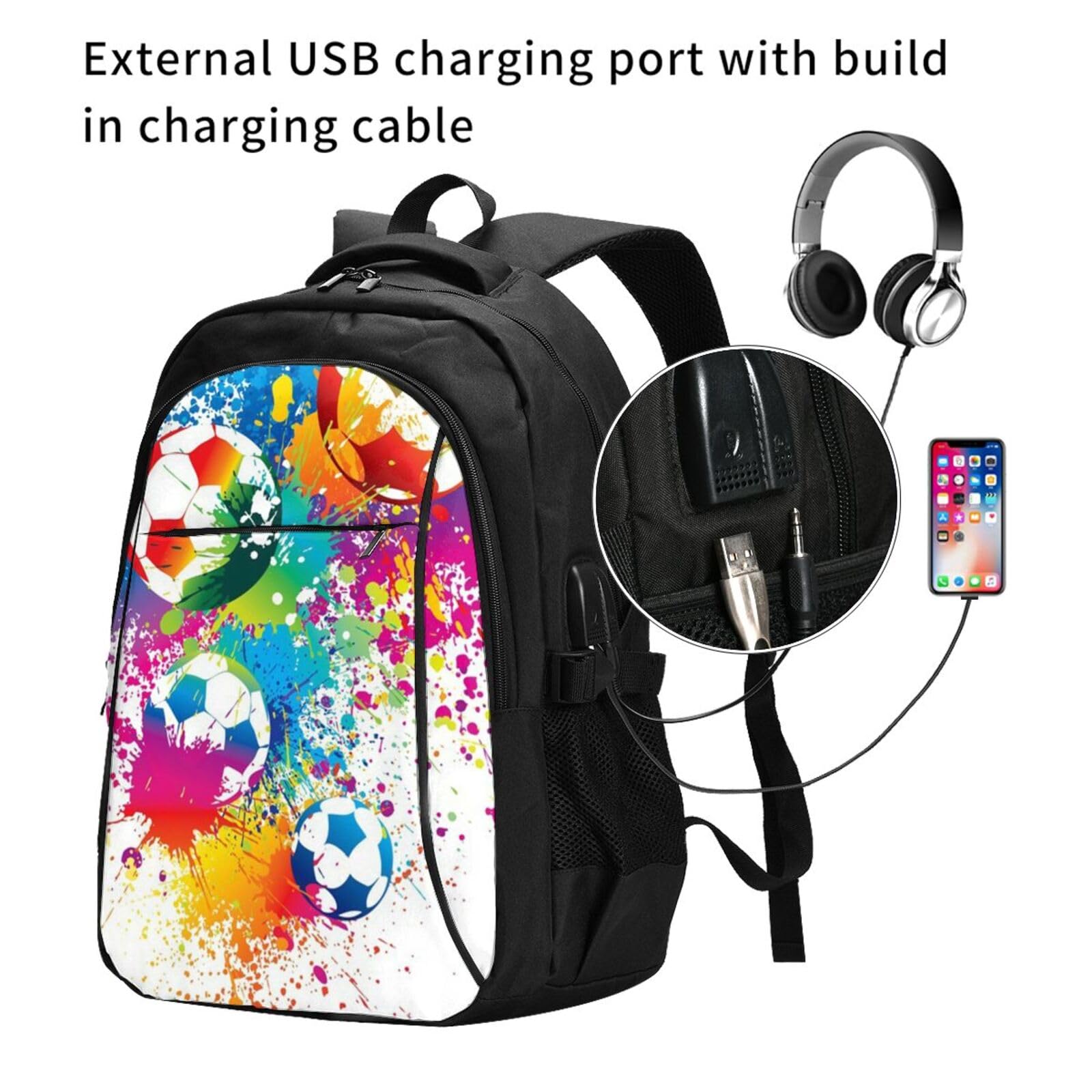 InOmak Schizzi di colore su tutto il pallone da calcio, Zaino da viaggio casual per laptop con porta di ricarica USB per uomo e donna
