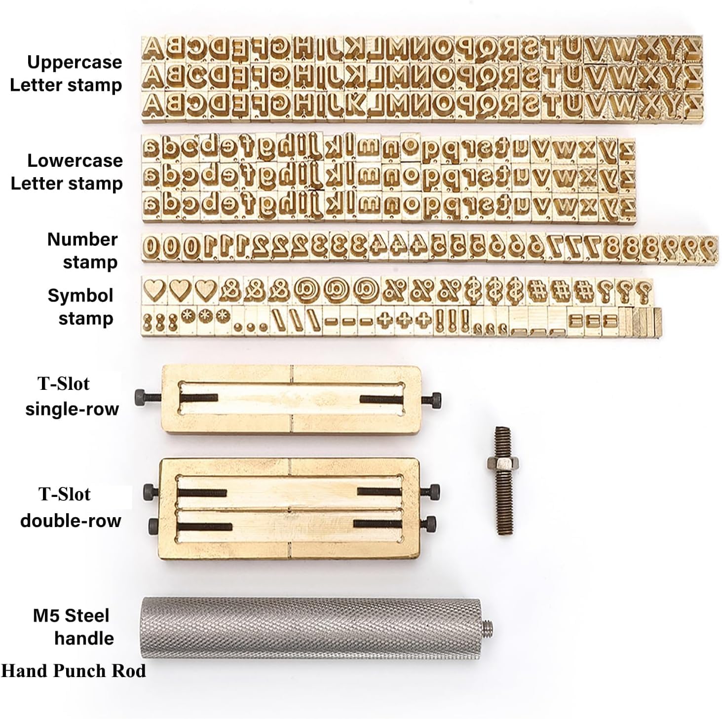 WUTA Set di 83 timbri in ottone e pelle, per cuoio, metallo e gioielli, accessori per stampatrici a pellicola A-Z/a-z/0-9/caratteri speciali (set A)