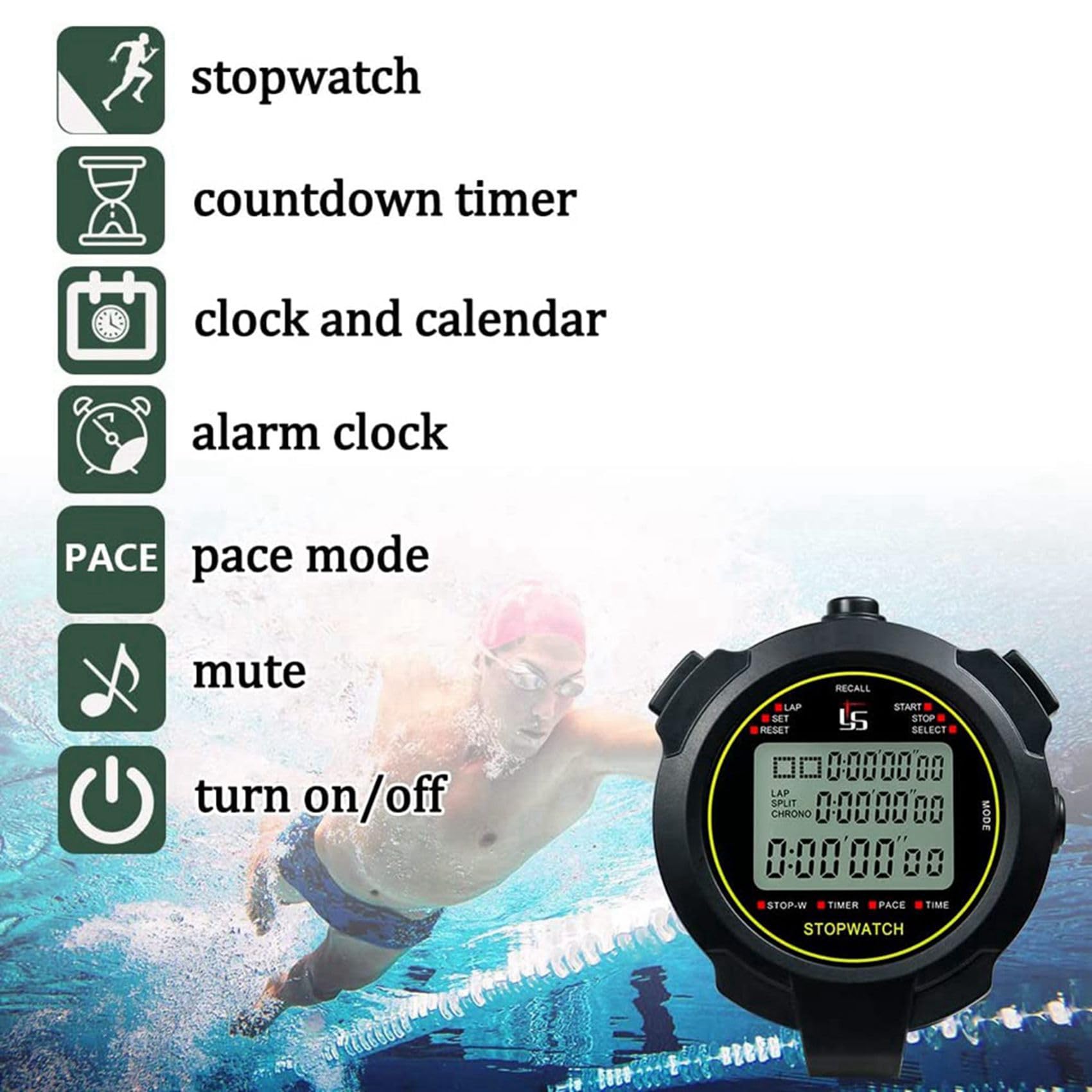 6X Cronometro Digitale, Timer per Il Conto alla Rovescia del Cronometro da 10 / Memoria Divisa, Ampio Display Impermeabile 12/24 Ore