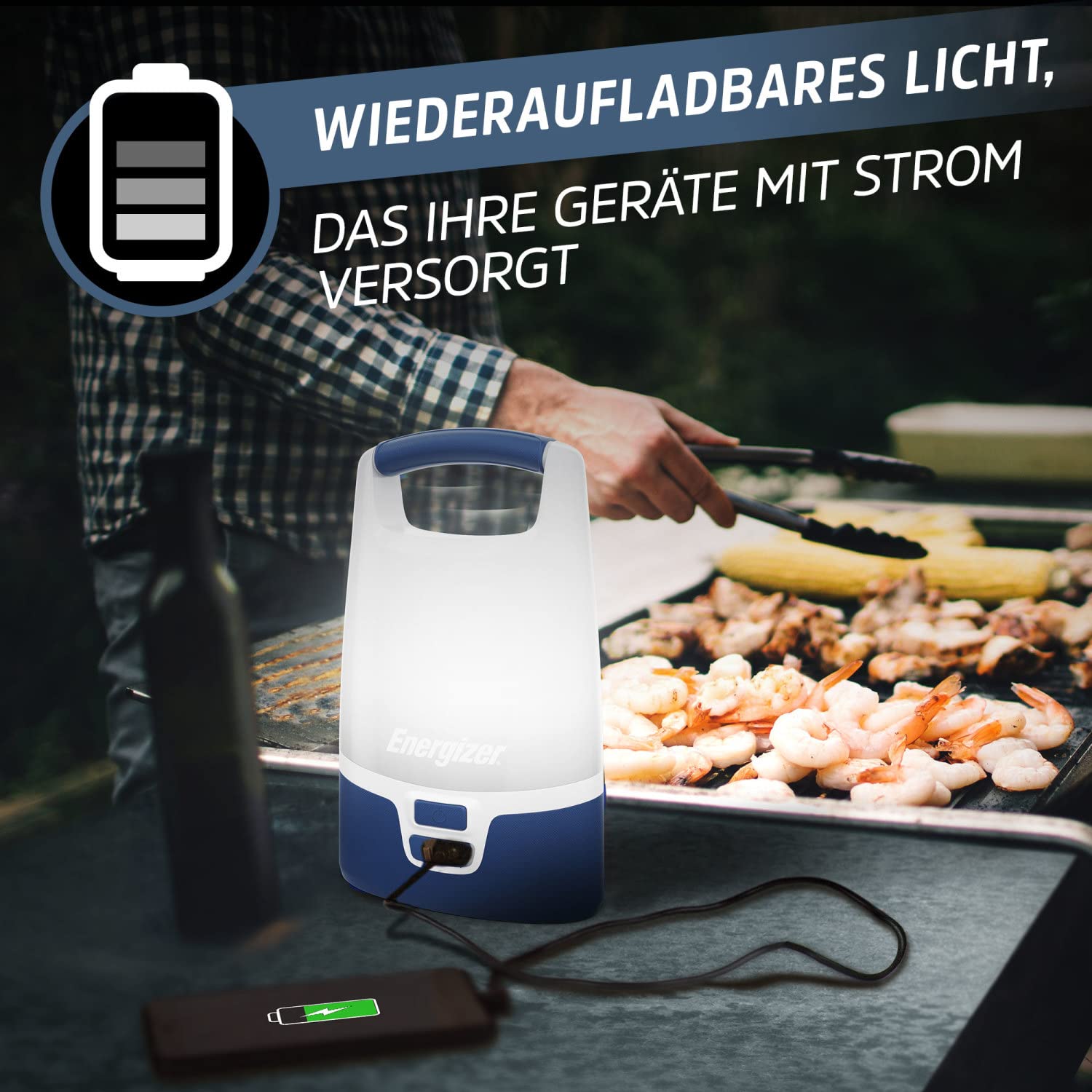 Energizer SMART Campinglampe Wiederaufladbar, 1200 Lumen, IPX4 wasserdicht, 360 Grad Beleuchtung, Camping-Laterne, inkl. Ladekabel