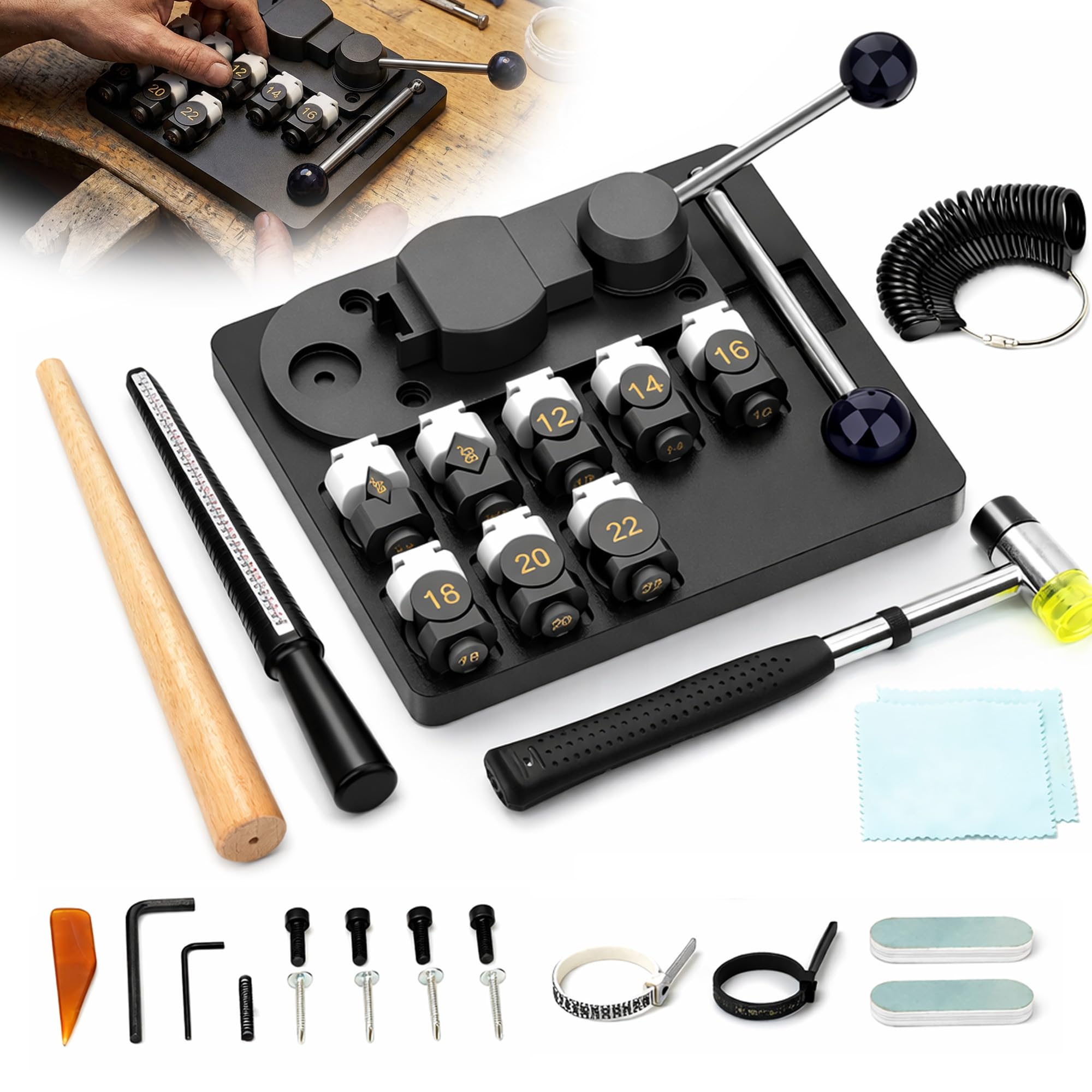 TVOOD Metal Ring Bender Tool for Spoons 30-Piece Ring Making Kit with Carbon Steel Spoon Rings Bender Nylon Molds and Rubber Hammer for Jewelry Making