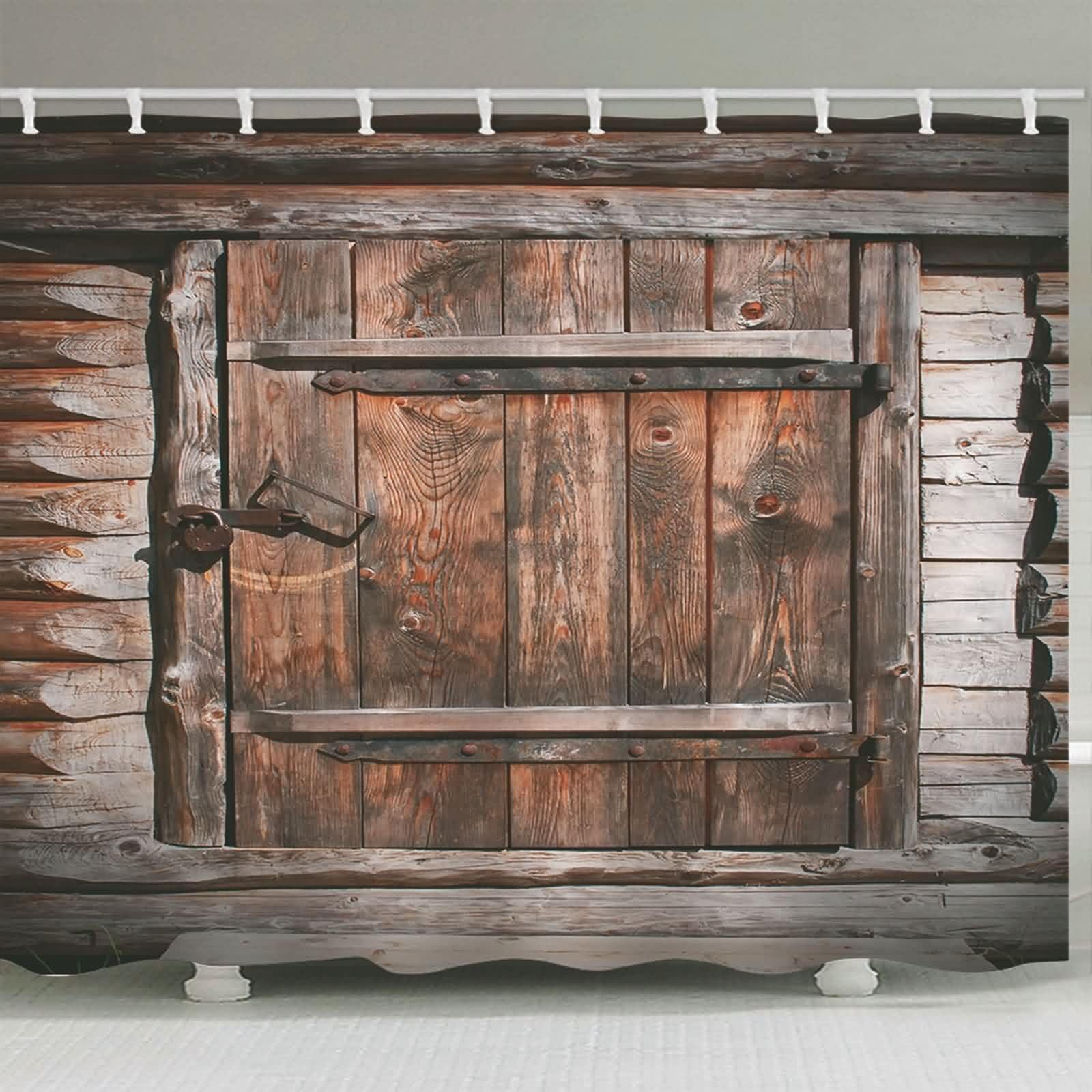 Cortina de ducha de tela textil marrón, con bloqueo de ventana de madera, patrón de ventana antimoho, cortina de baño de poliéster, resistente al agua, lavable, cortinas de ducha en el baño