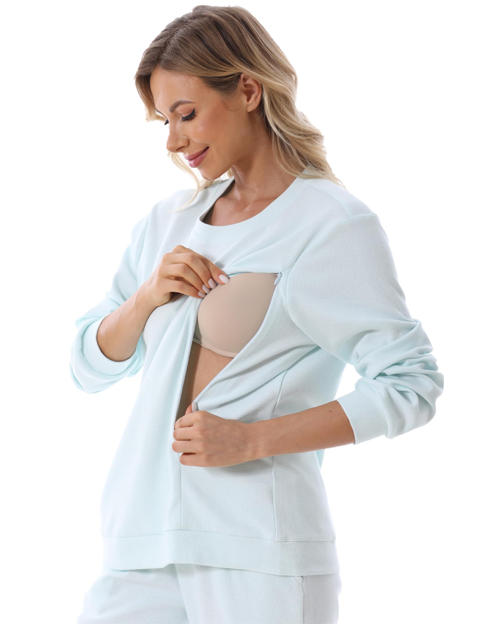 FEOYA Sudadera de maternidad de manga larga, cuello redondo, camisas de lactancia, cremallera lateral, sin botones, holgada, casual, suave, para embarazo, invierno, otoño