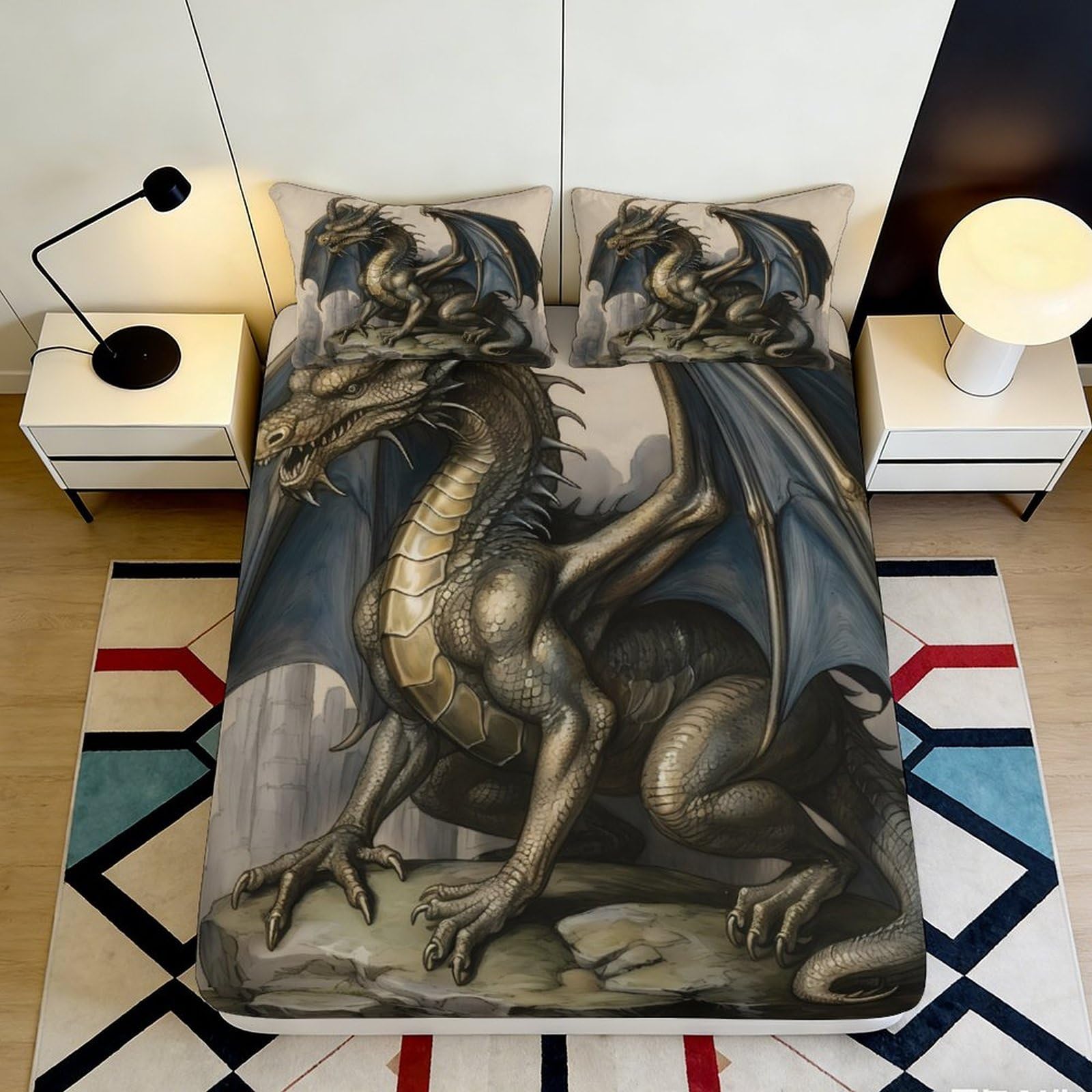 3D Printed Dragon Design Fitted Sheet Microfiber Soft Durable 3D Printed Fantasy Bed Cover for Bedroom Dormitory Guest Room Mattress Protection 200x200x25cm