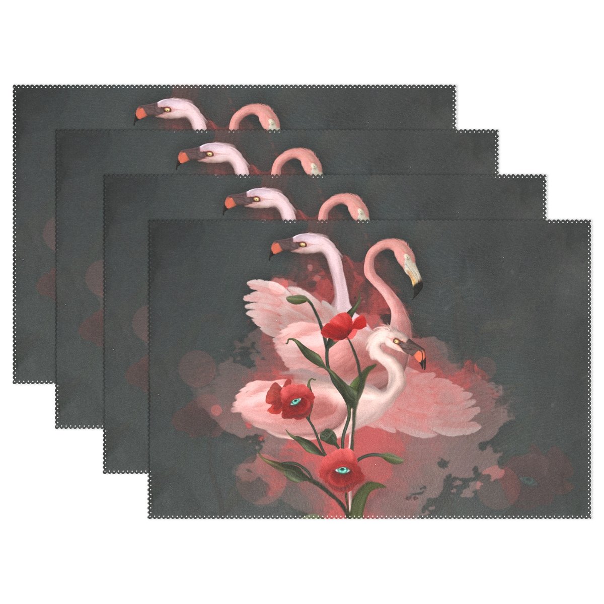 LIANCHENYIFlamingos Birds And Poppies Flowers Heat-resistant Placemats, Polyester Tablemat Place Mat for Kitchen Dining Room Set of 6
