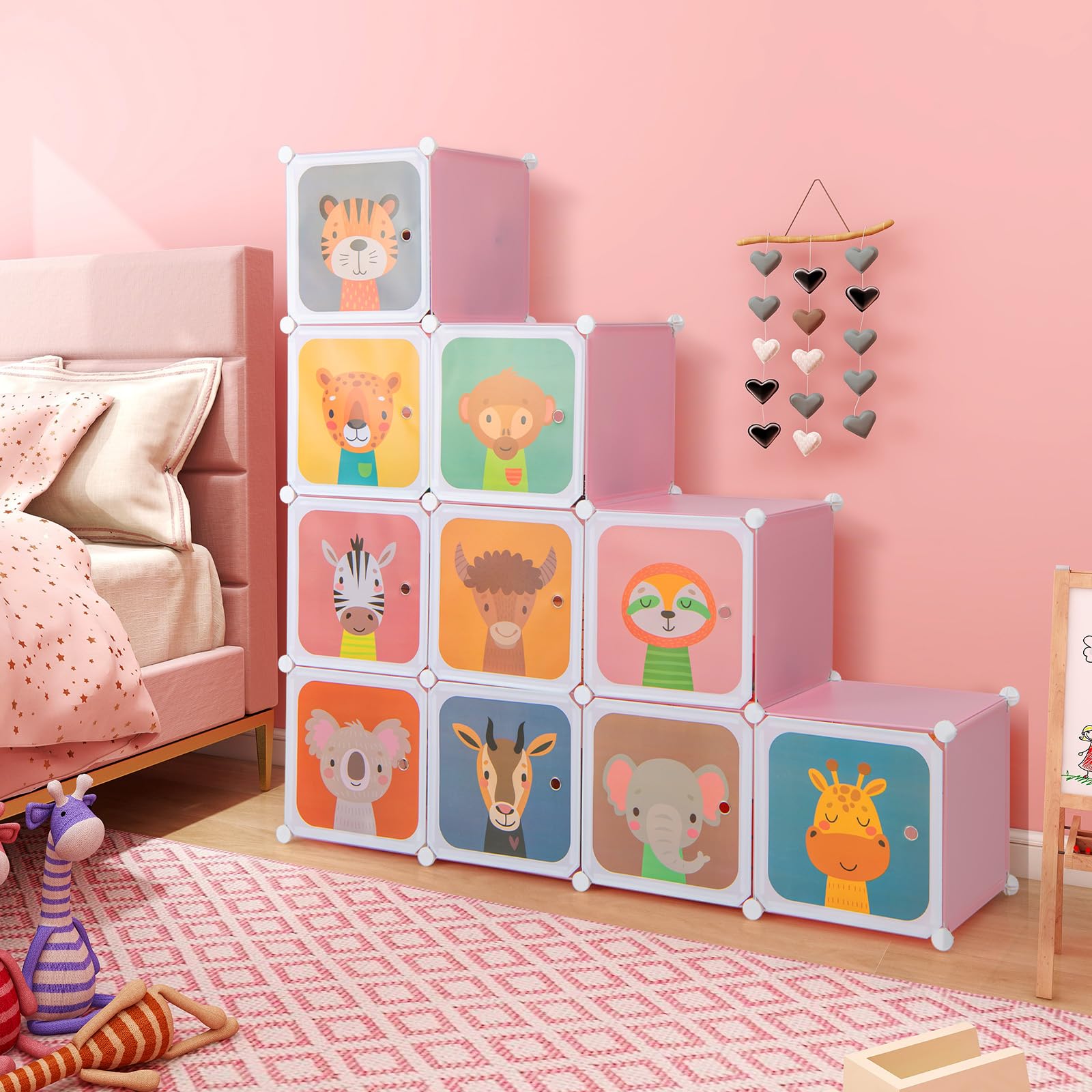 DREAMADE Kinderkleiderschrank mit 8/12 Würfeln, Kinder Kleiderschrank Regalsystem aus Kunststoff, Kinderschrank mit Türen & Kleiderstange für Kinderzimmer, 110x37x145cm (12 Würfeln-Tier-Rosa)
