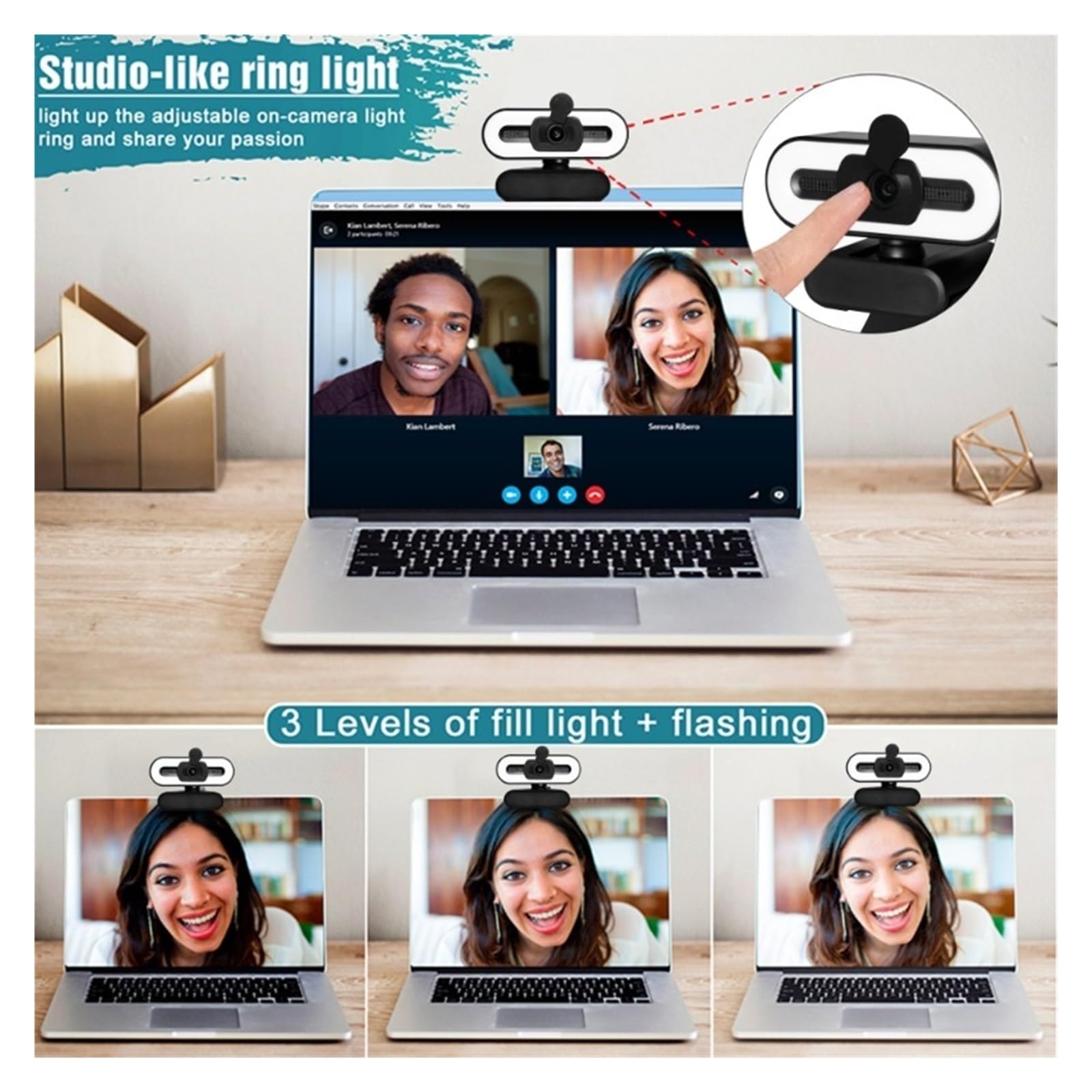 Webcam, Cámara Web 1080P 4K Full HD con luz de Relleno de Anillo, computadora portátil, PC, transmisión en Vivo, cámara Web de Video con micrófono, cámaras giratorias(4K)