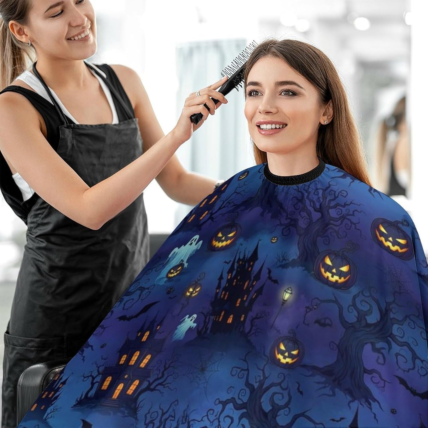 Fashion Salon Barber Cape Professional Hair Cutting Cape with Adjustable Snap Closure Halloween Night Bat Pumpkin Skull