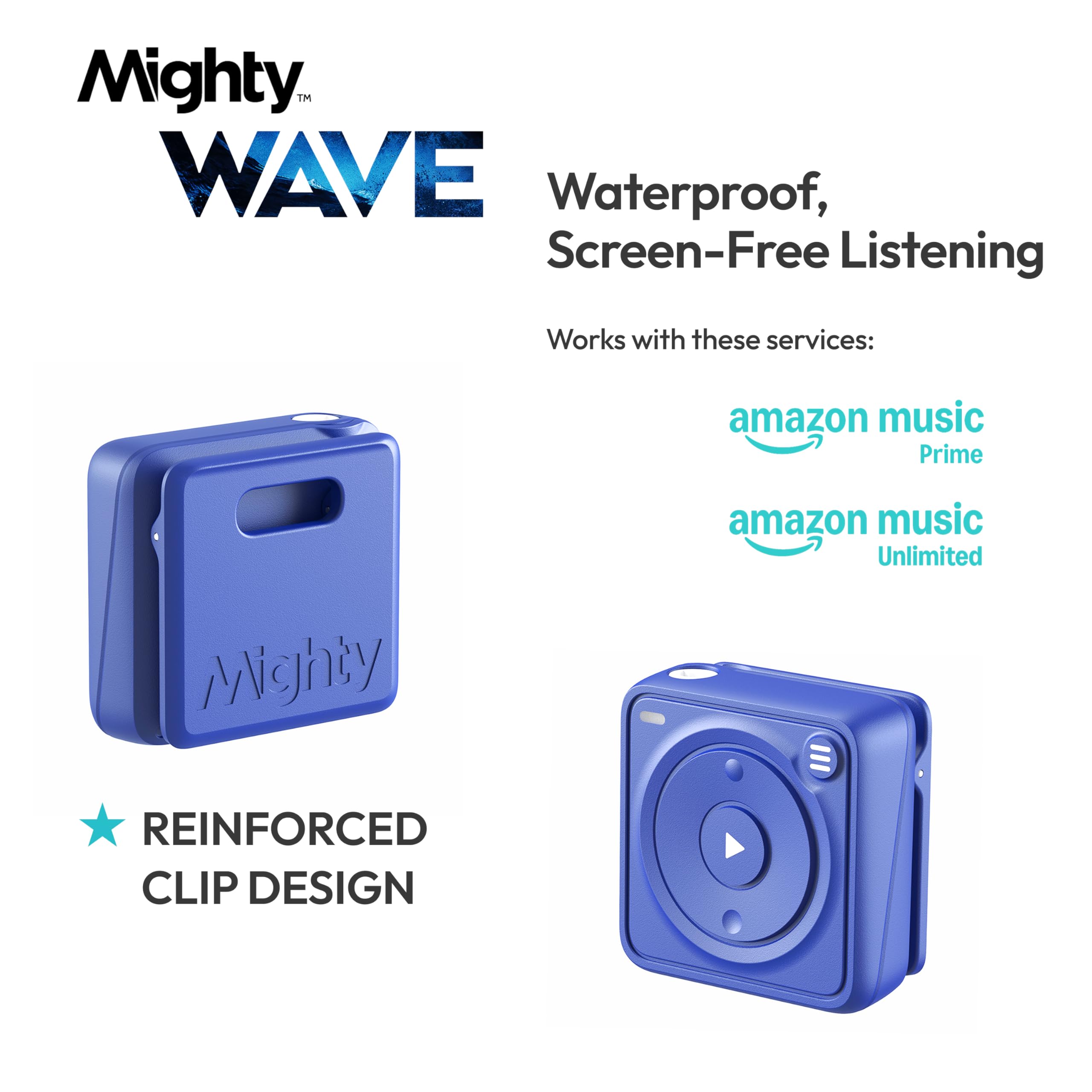 Mighty Wave (édition 2026) étanche IPX7 Spotify & Amazon Music Player – Comprend un casque filaire étanche – Parfait pour la natation – Musique + podcasts