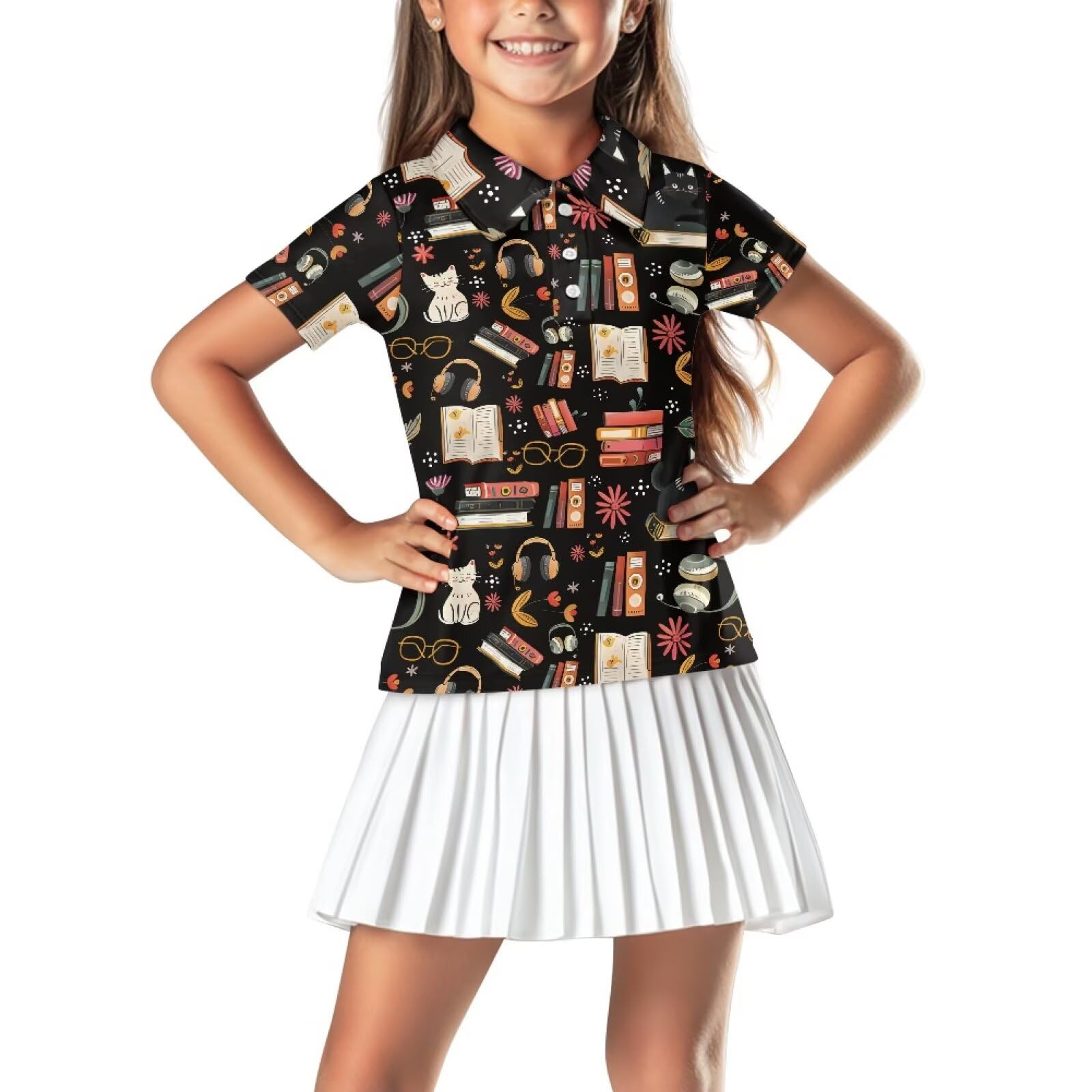Xpyiqun Book Love Golf Shirt for Girls 11-12 Cat Button Tennis T-Shirts Summer Quick Dry Athletic Collared Golf Shirts Activewear Sport Uniform Kids Short Sleeve Pullover Top Workout School Outfits