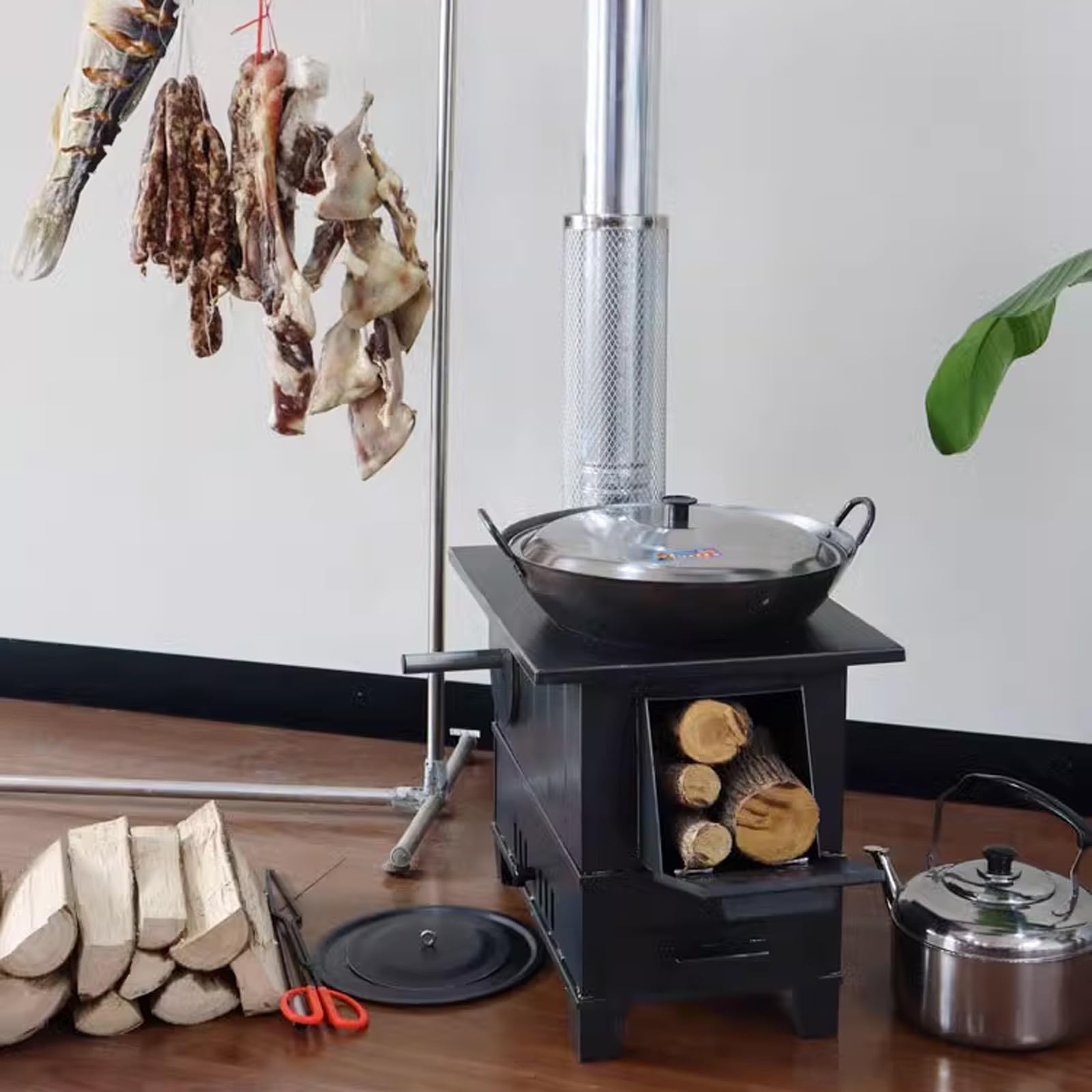Stufa a Legna con Forno Saldatura Complessiva Senza Soluzione di continuità, Fornello da Campeggio con Tubo Camino per Campeggio Riscaldamento e Cucina(S)