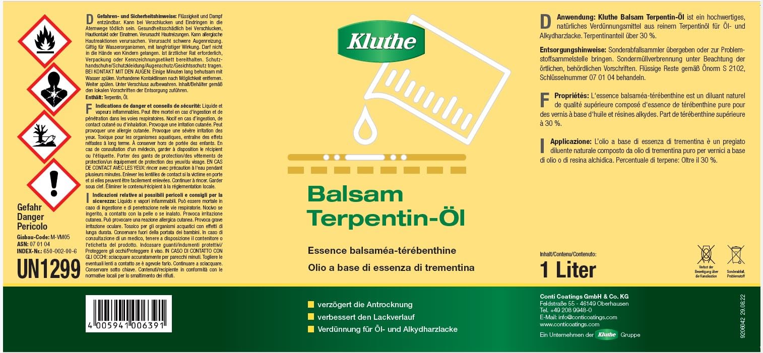 1 Liter Balsamterpentinöl Hochwertiges Balsam-Terpentinöl inkl. 1 Pinsel zum Auftragen von E-Com24