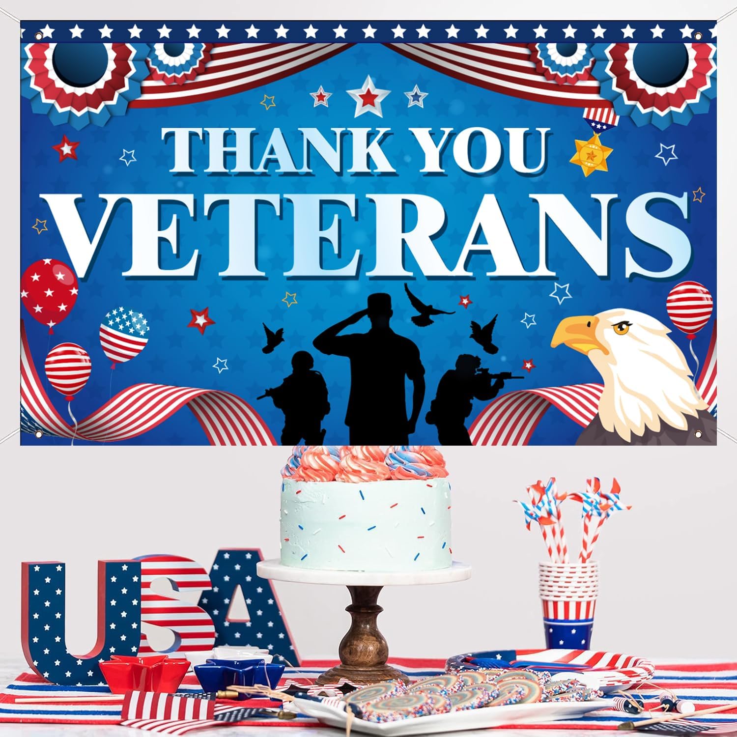 Thank You Veterans Backdrop for Veterans Day Party Decorations, 71x43 inch - Image 6