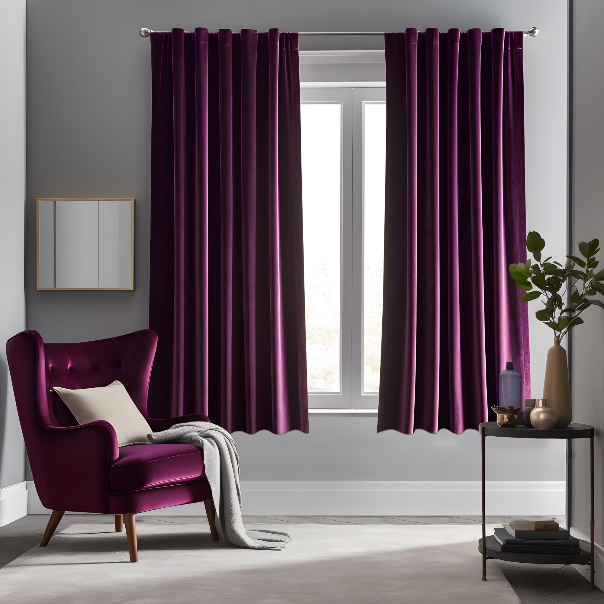 Aljctns Grape Purple Velvet Curtains 63 inches Long Luxury Blackout Curtains for Bedroom Living Room,Thermal Insulated Super Soft Window Drapes Rod