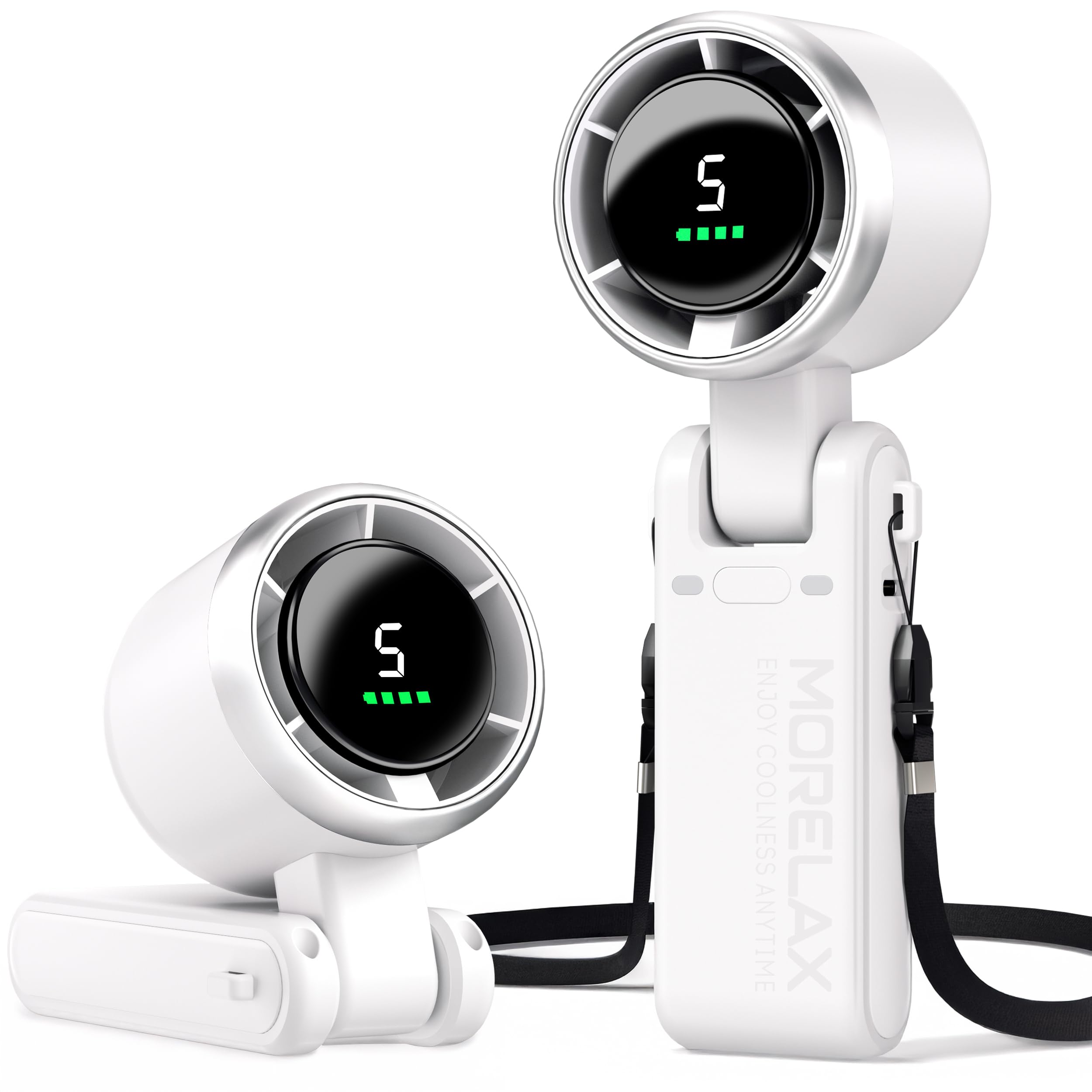 Morelax Turbo Portable Handheld Fan, 5 Speeds with LED Display, Powerful Motor, 4000 mAh, USB Rechargeable, for Outdoor Activities, Travel and Work, White
